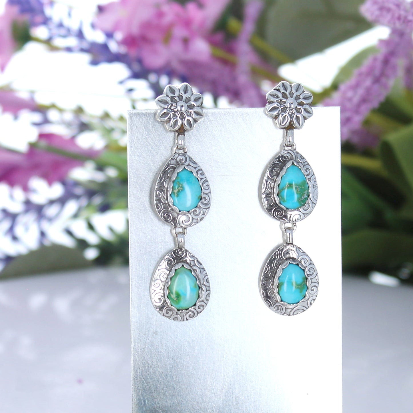 Sonoran Gold Turquoise Earrings 2 Stone Lime Green Blue Spiral Design Sterling