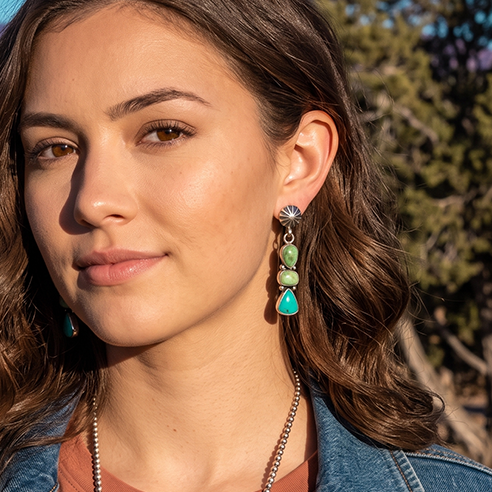 AAA Sonoran Gold Turquoise Earrings 3 Stone with Sunburst Post Design
