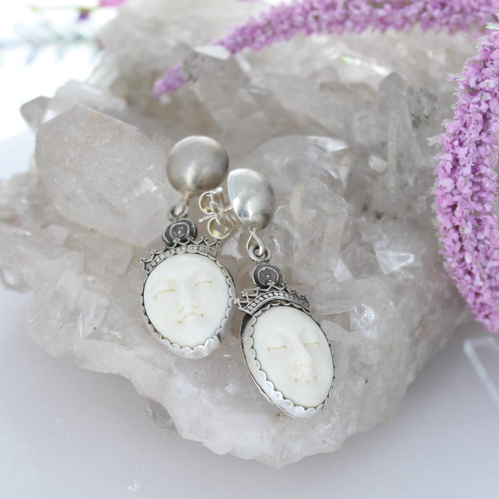 Unique Earrings Sterling Silver Carved Moon Goddess Faces