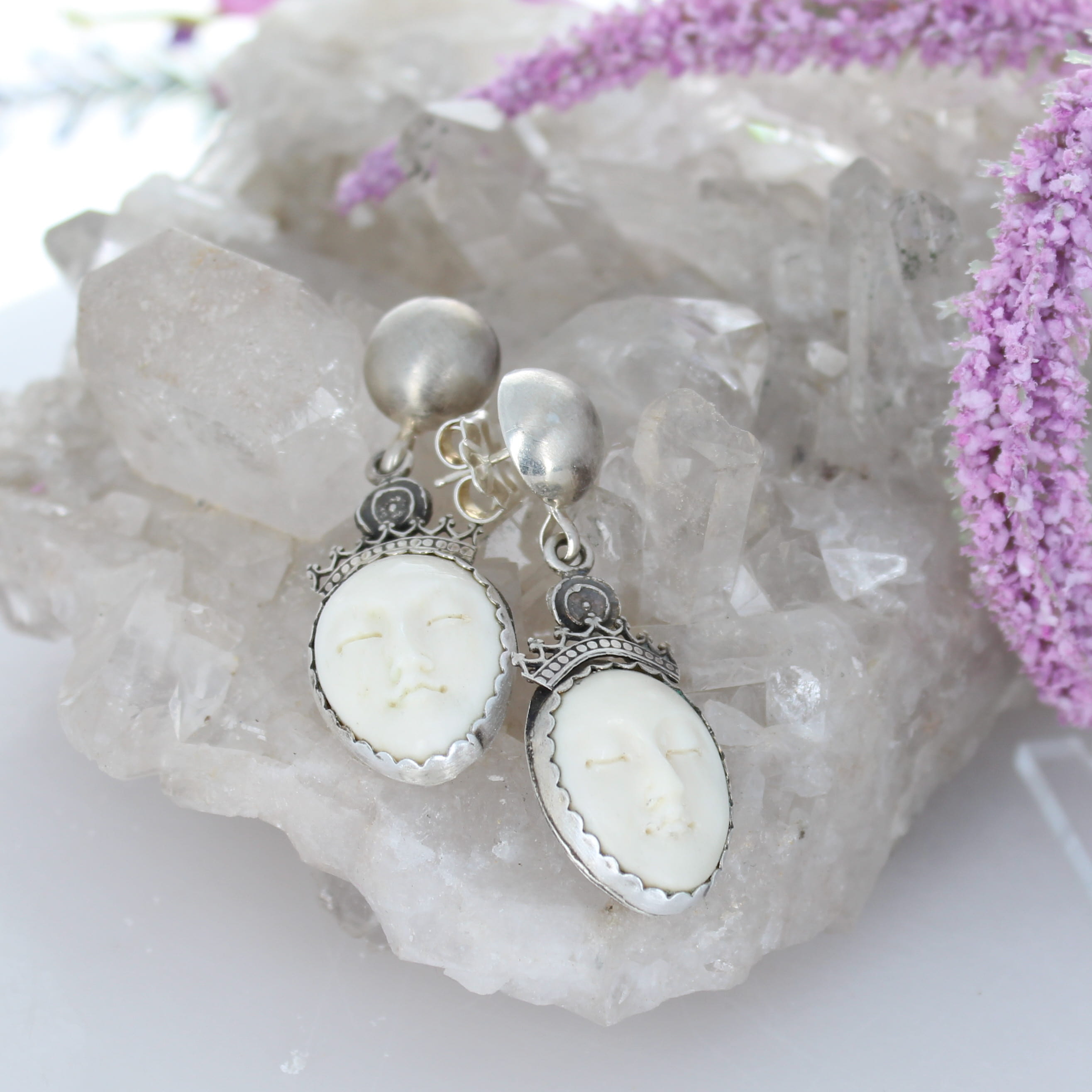 Unique Earrings Sterling Silver Carved Moon Goddess Faces