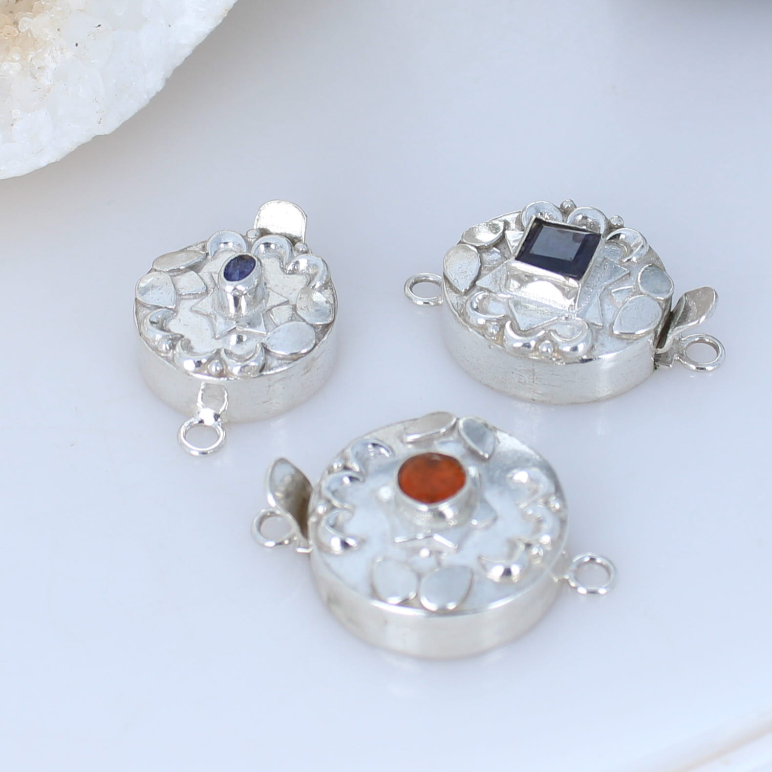 Mexican Opal, Iolite Sapphire Sterling Silver Clasps Set of 3 -NewWorldGems