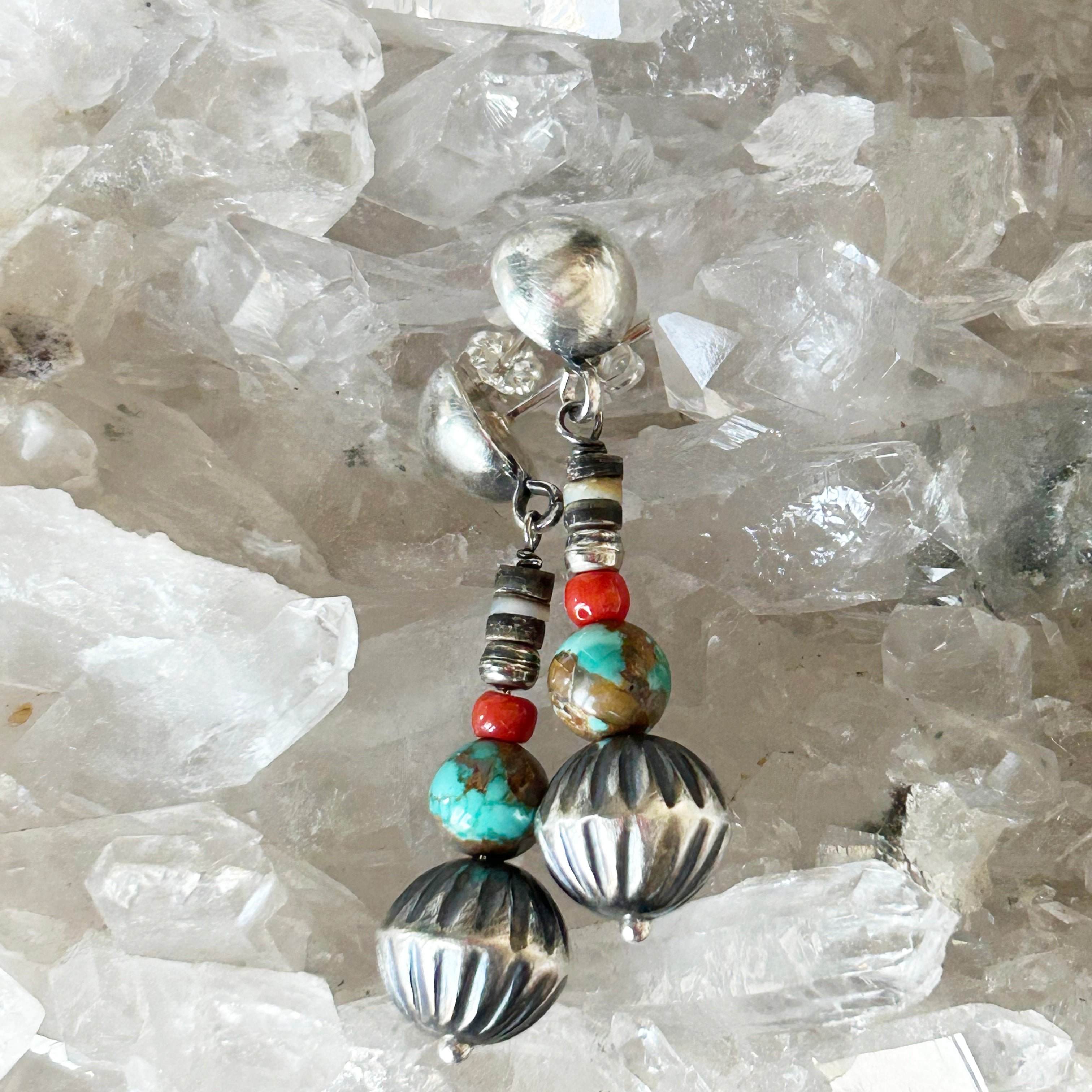 Navajo Hand Made Melon Beads and Carico Lake Turquoise Earrings Sterling