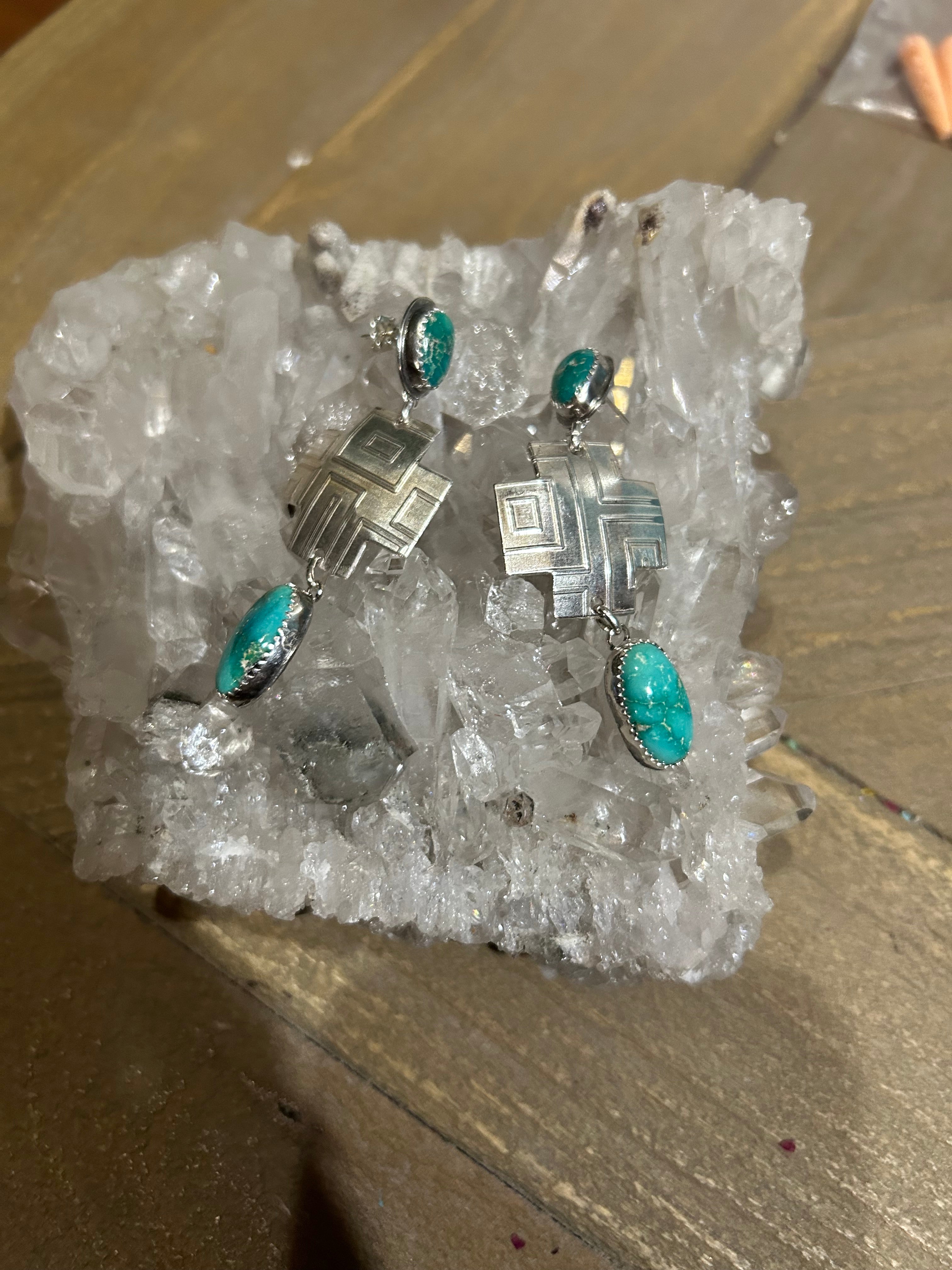 Emerald Valley Turquoise Sterling Southwestern Cross Earrings 2 Stone 2.6"