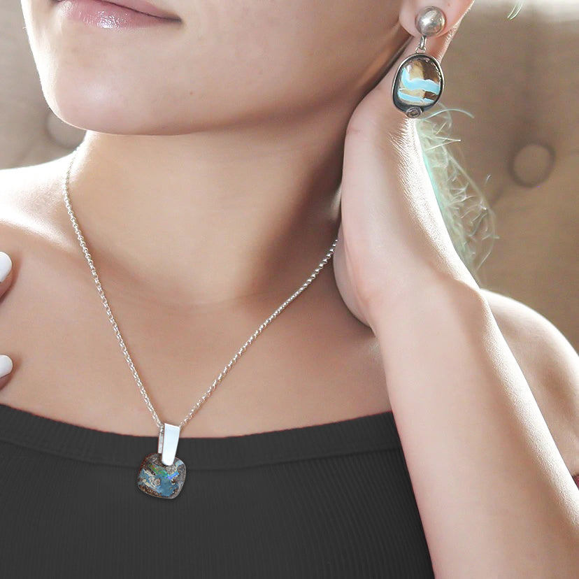 BOULDER OPAL PENDANT Australian Opal Colorful Necklace Sterling 16" #1