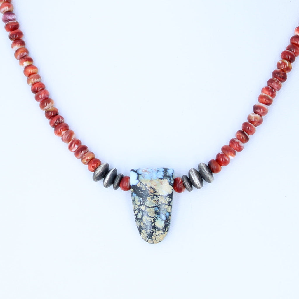Red Spiny Oyster and White Lilac Turquoise Necklace Southwest 16.5"