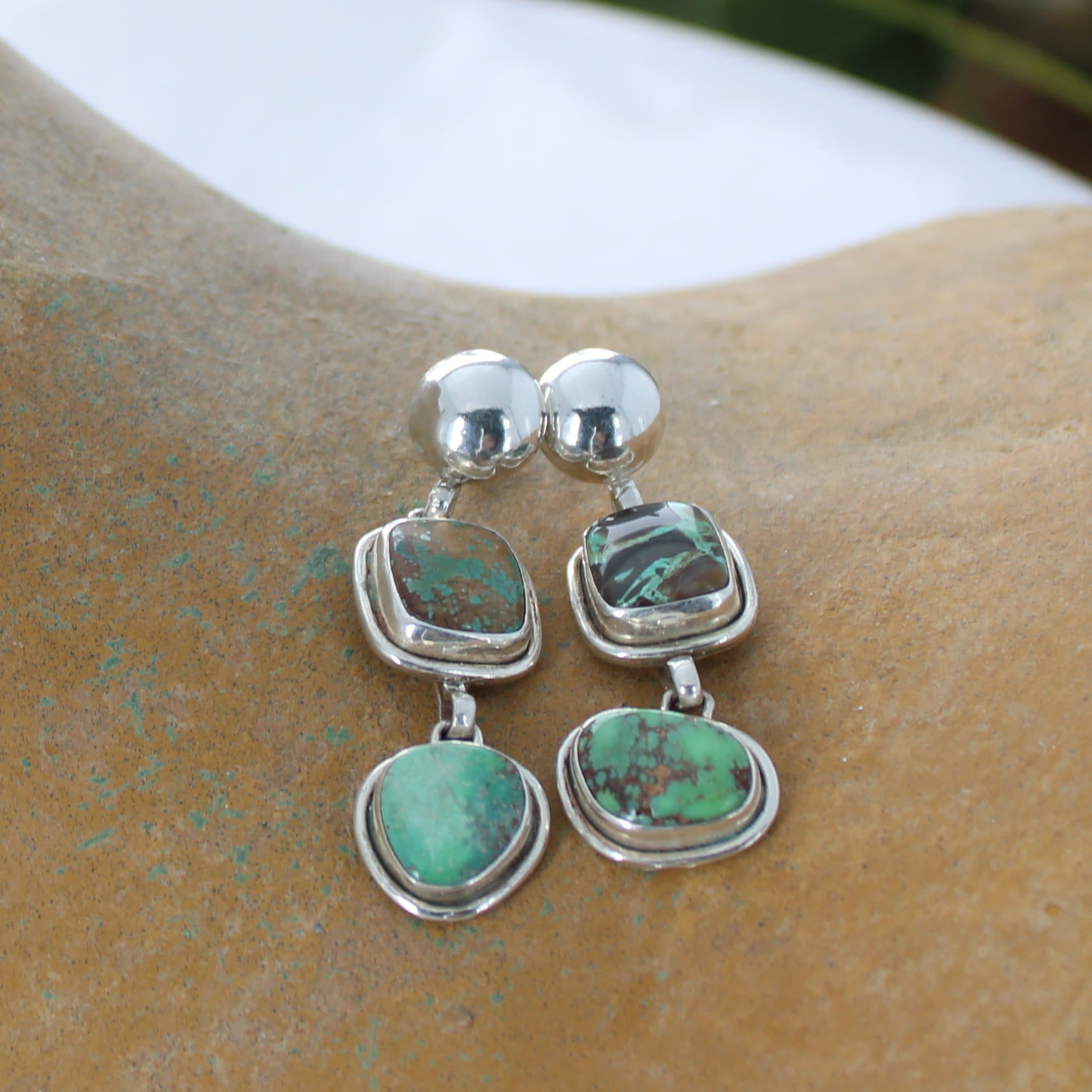 Carico Lake Turquoise Earrings 2 Stone Shades of Greens Sterling