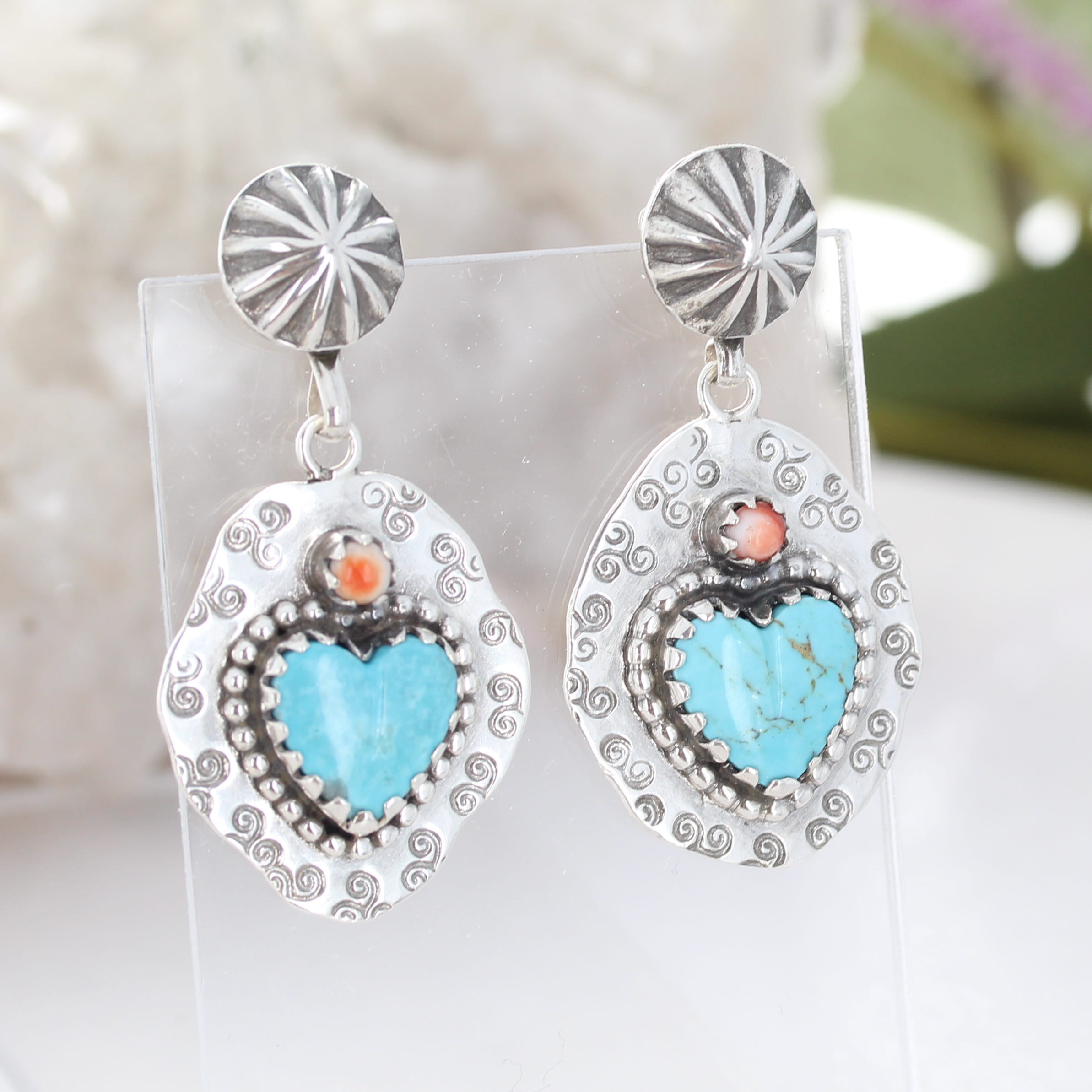 Kingman Turquoise and Spiny Oyster Hearts Cowgirl Earrings Bright Sky Blue