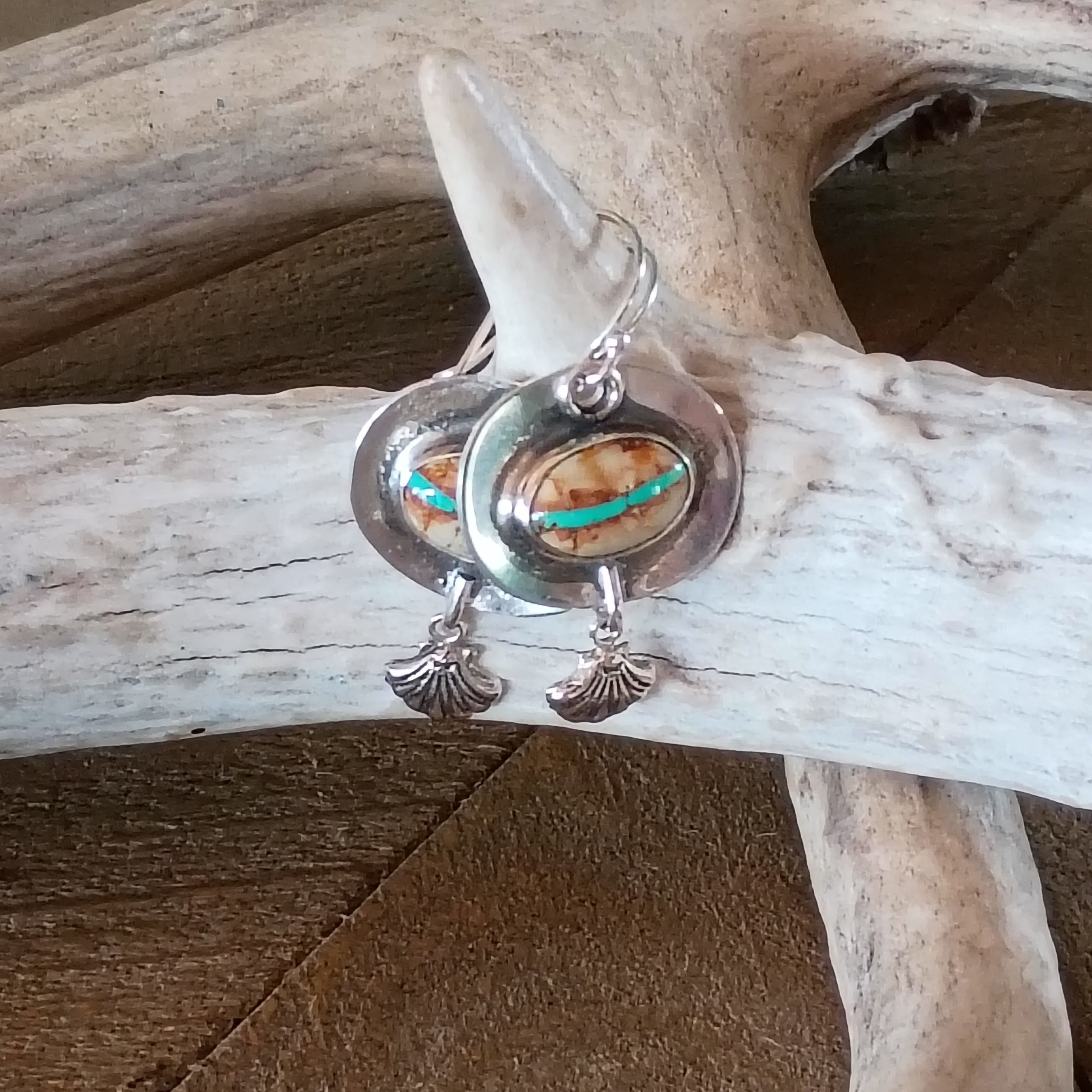 Royston Ribbon Turquoise Earrings Southwest Sterling Shells Southwestern 1.5"