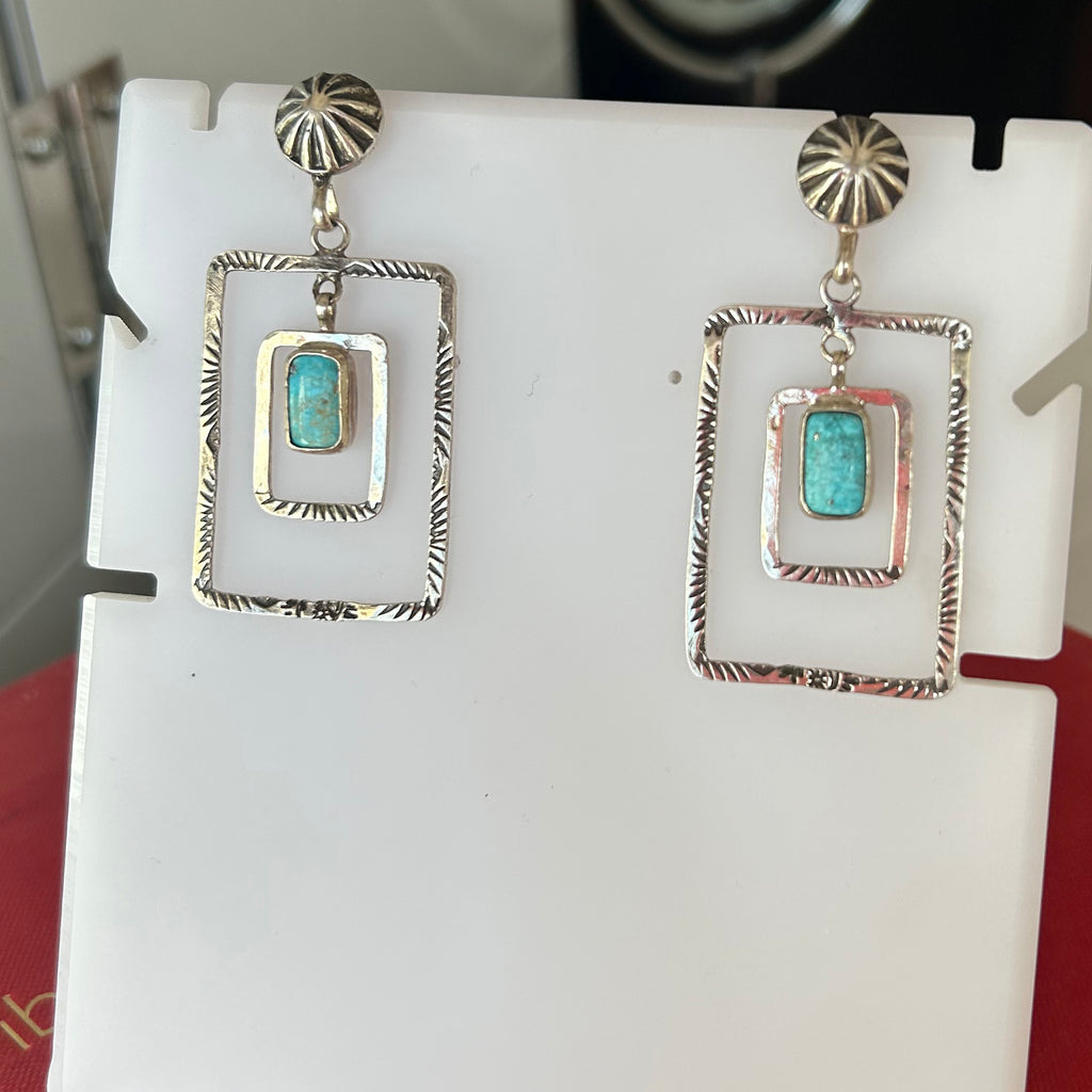 Kingman Turquoise Earrings Double Hoops Sterling Silver Rectangles