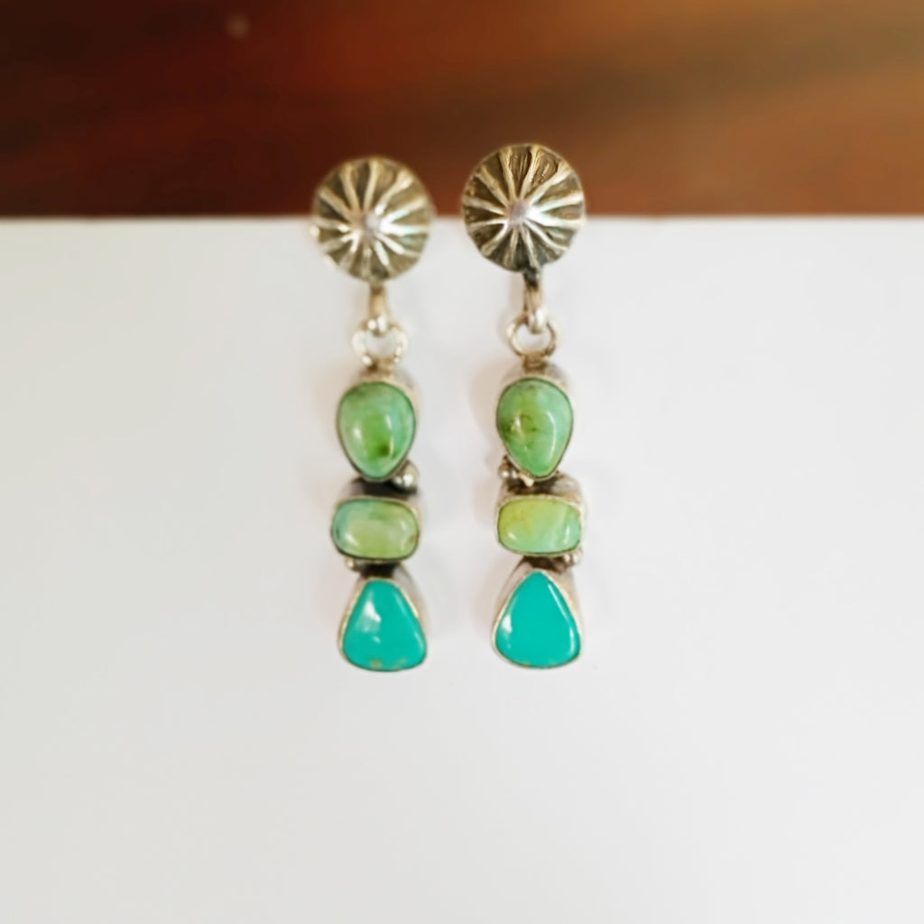 AAA Sonoran Gold Turquoise Earrings 3 Stone with Sunburst Post Design