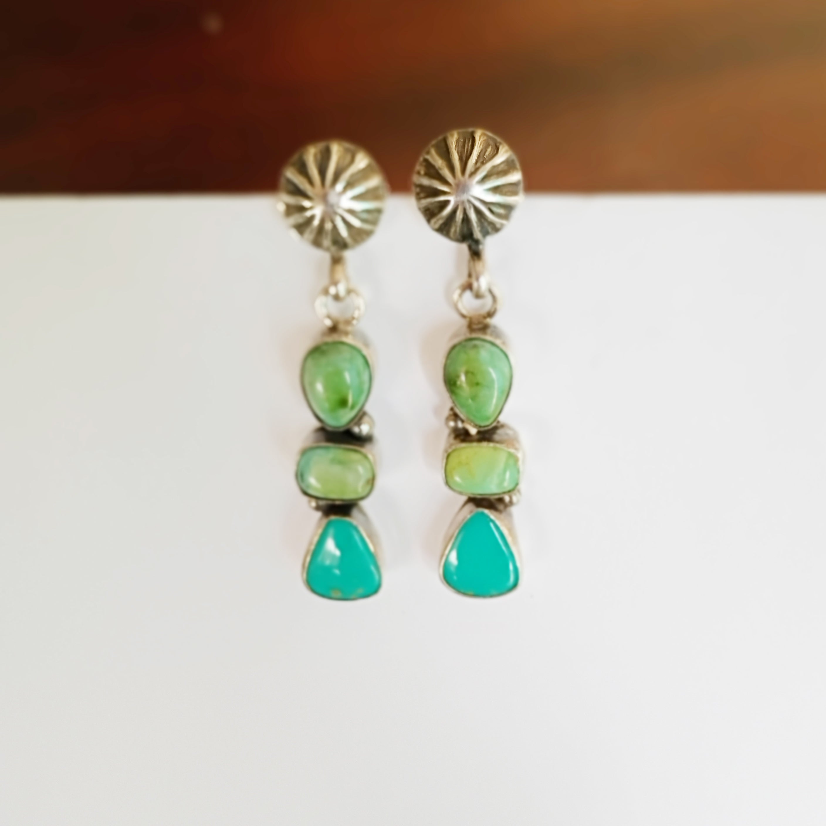AAA Sonoran Gold Turquoise Earrings 3 Stone with Sunburst Post Design