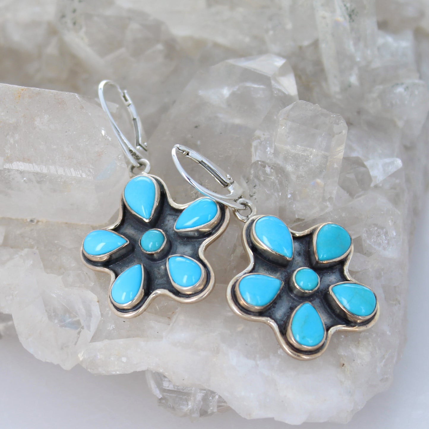 Beautiful Sleeping Beauty Turquoise Flower Design Earrings Sterling