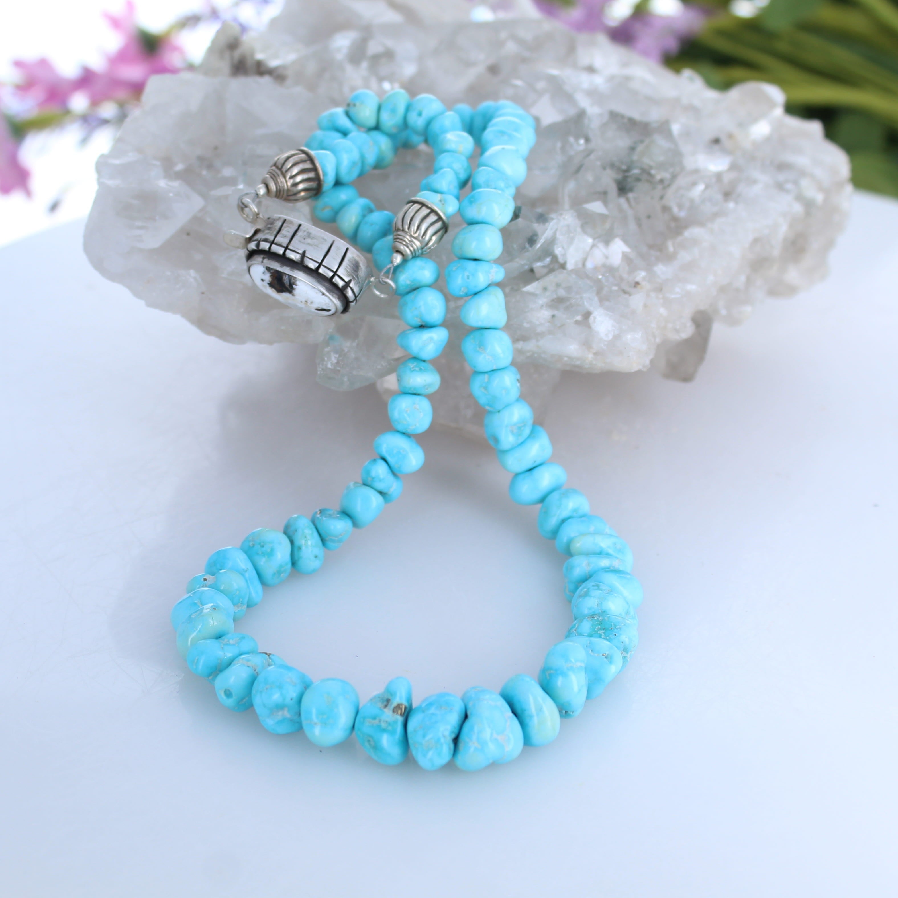 White Creek Turquoise Beads Nugget Necklace Sterling Southwest Elegance