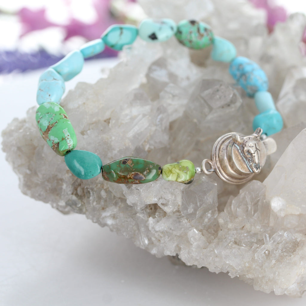 AAA Carico Lake Turquoise Bracelet Sterling Silver Cow Skull NewWorldGems