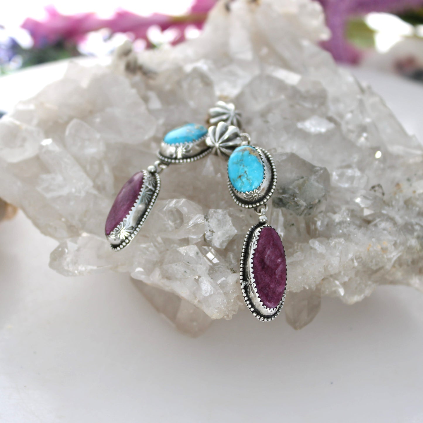 Dramatic Kingman Turquoise Purple Spiny Oyster Earrings Sunburst