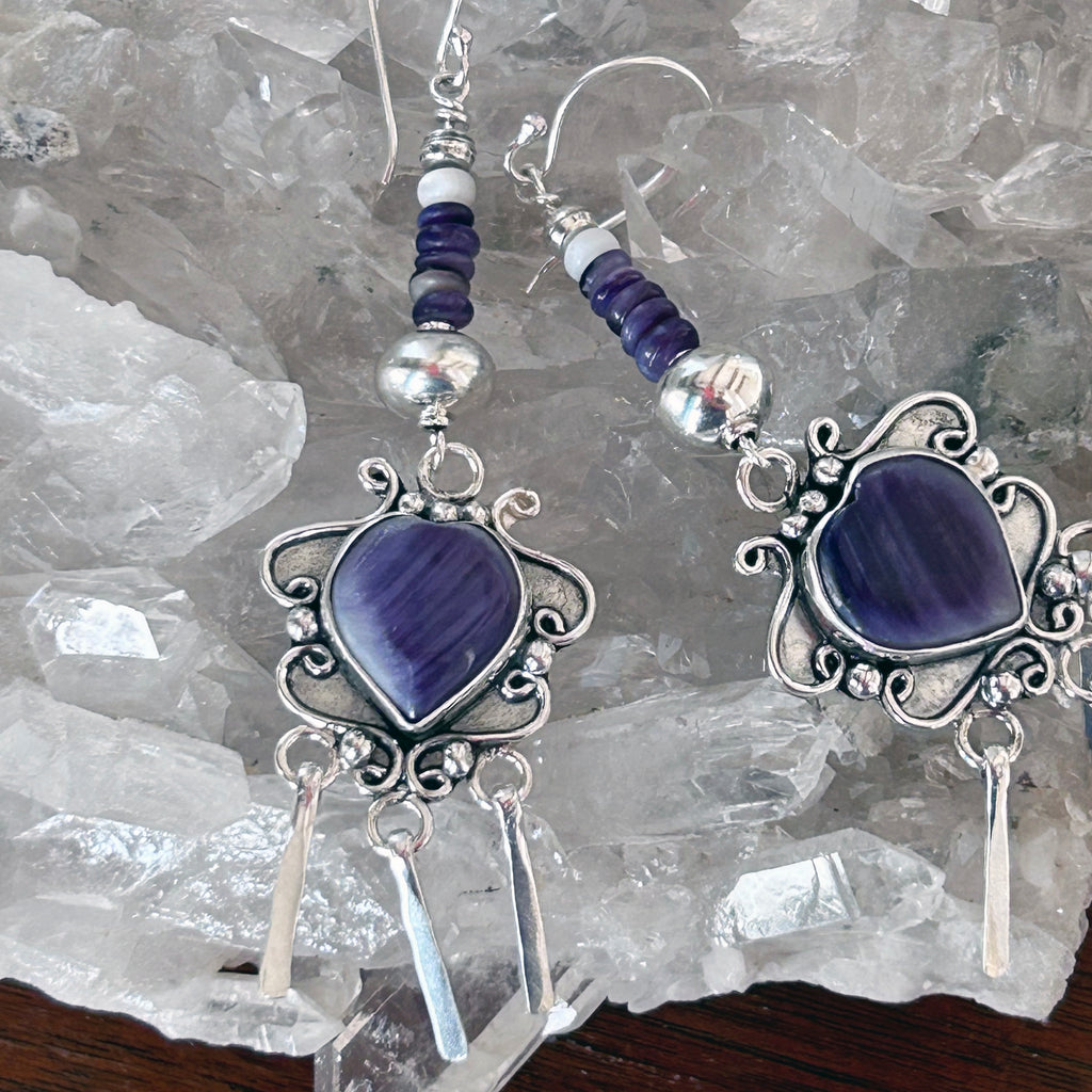 Purple Spiny Oyster Hearts Earrings Sterling Scroll Design Dangles 3.25"