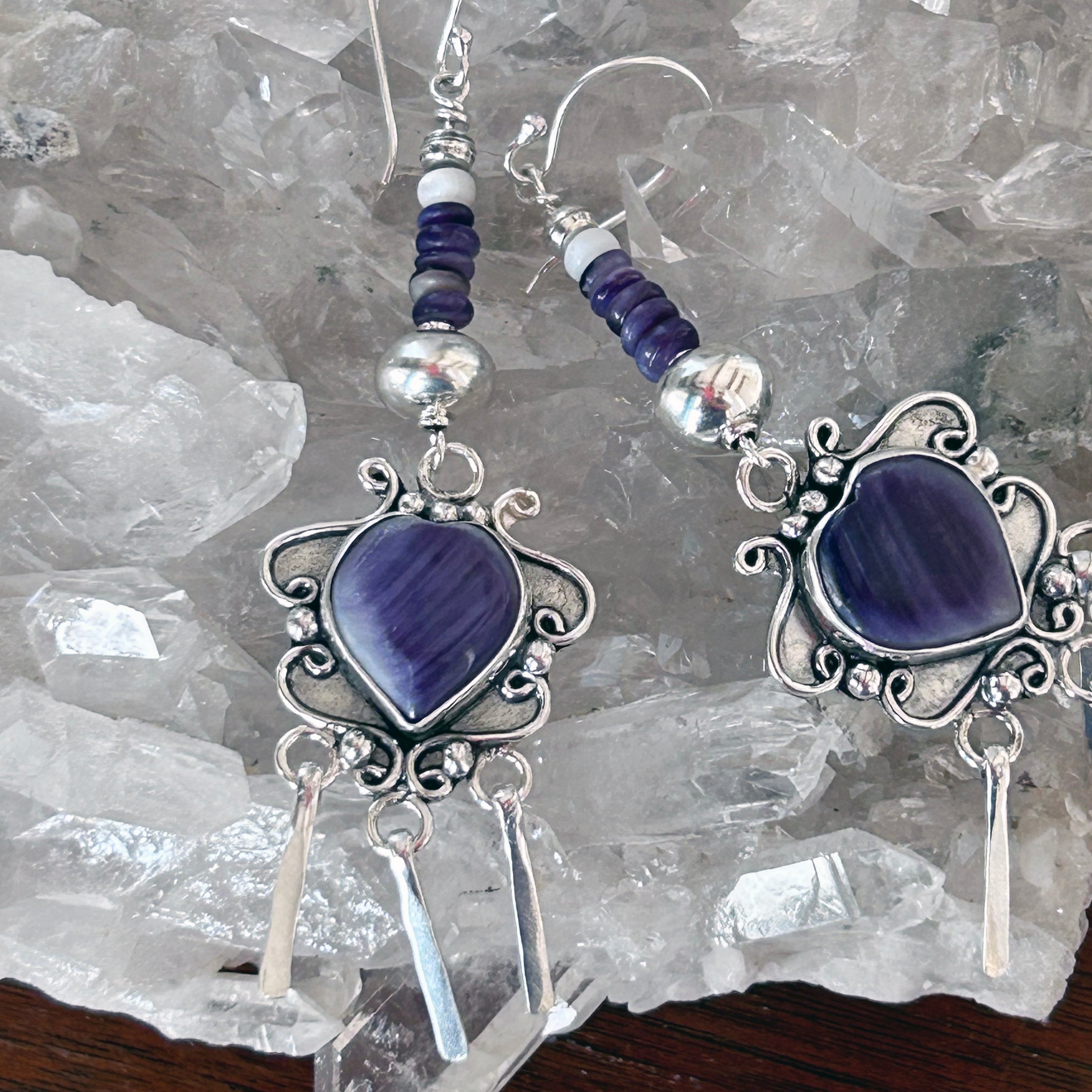 Purple Spiny Oyster Hearts Earrings Sterling Scroll Design Dangles 3.25"