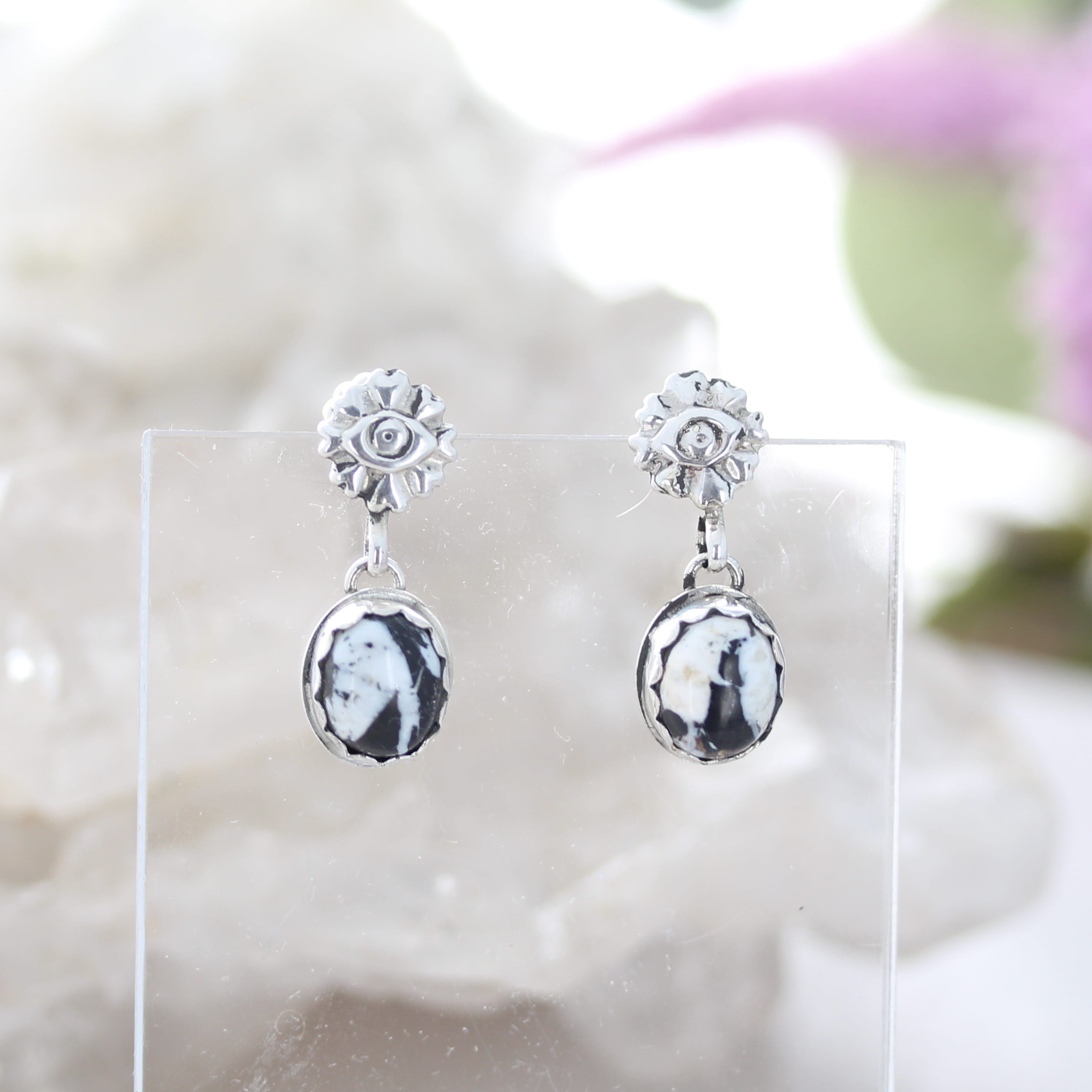 Protective Eye WHITE BUFFALO RIBBON Turquoise Earrings Sterling Ovals