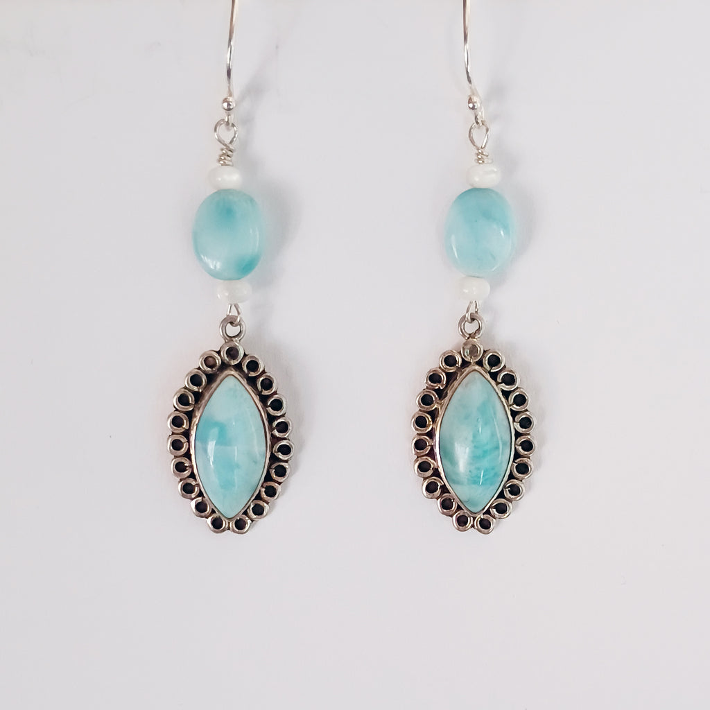 Larimar Earrings Marquis Shape Sterling French Ear Wire with Mother of Pearl