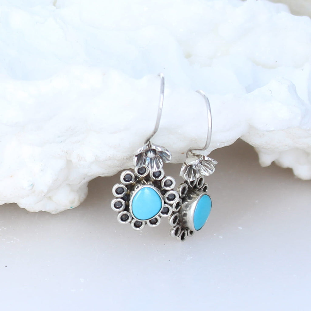 Sleeping Beauty Turquoise Earrings Floral Design Sterling -NewWorldGems