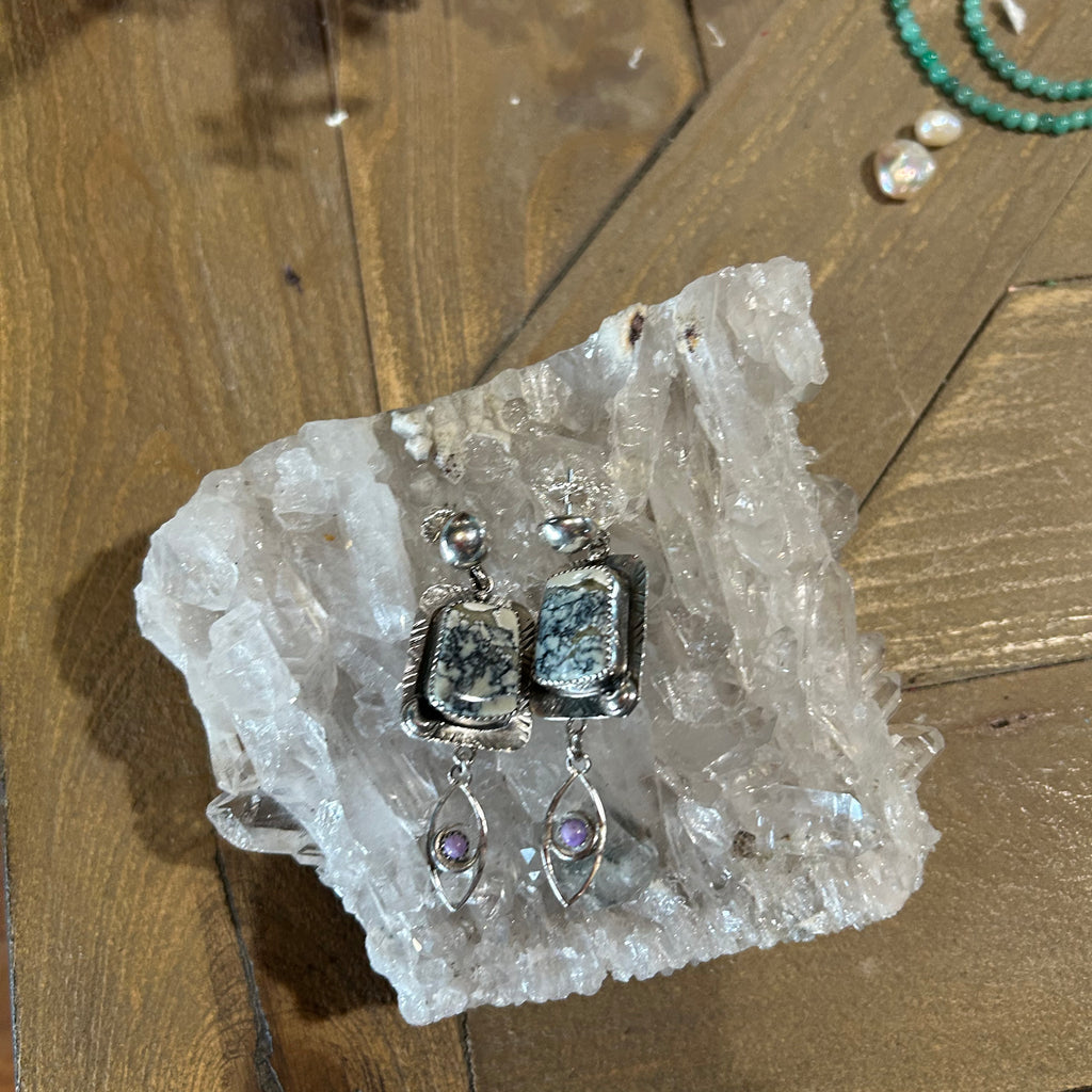 IVORY CREEK Turquoise and Sugilite Sterling Earrings Celadon Eye Moon Artisan