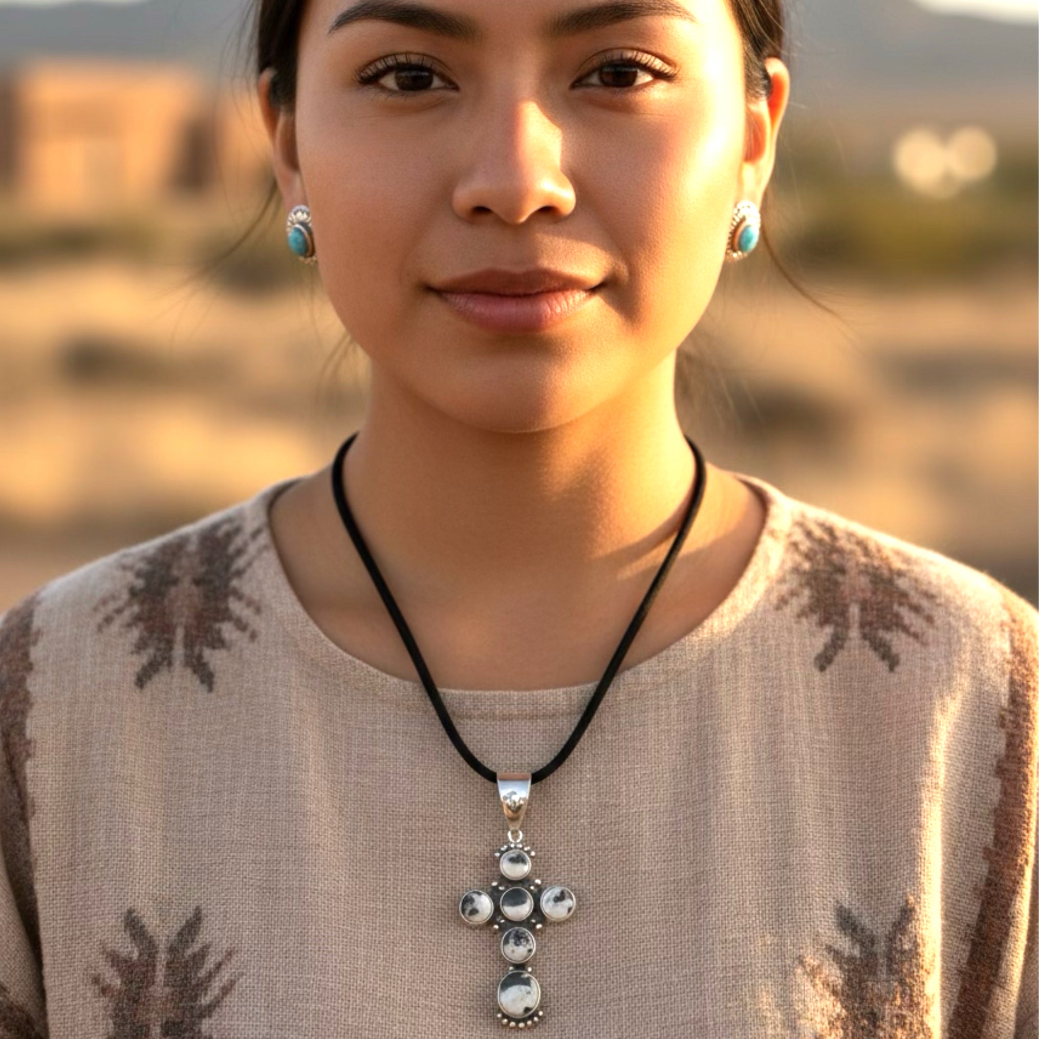 Sacred White Buffalo Turquoise Cross Pendant Sterling Silver Santa Fe