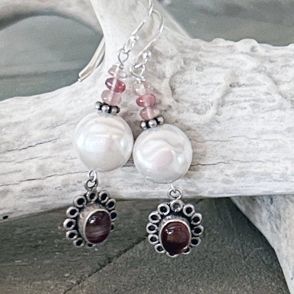 Cream Coin Pearl Sienna Andesine Daisy Earrings Sterling Silver