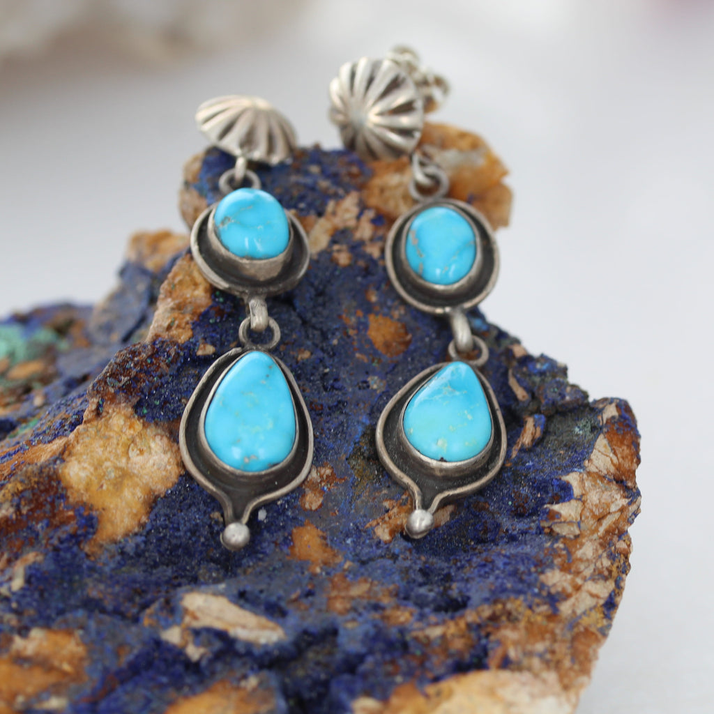 Blue Ridge Orvil Jack Turquoise Earrings 2 Stone Sunburst Post