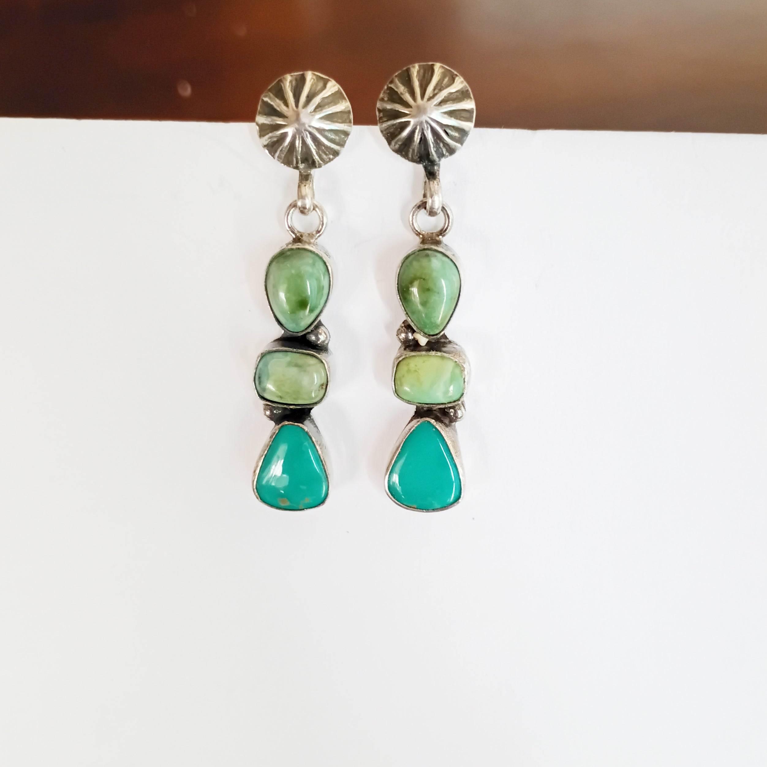 AAA Sonoran Gold Turquoise Earrings 3 Stone with Sunburst Post Design