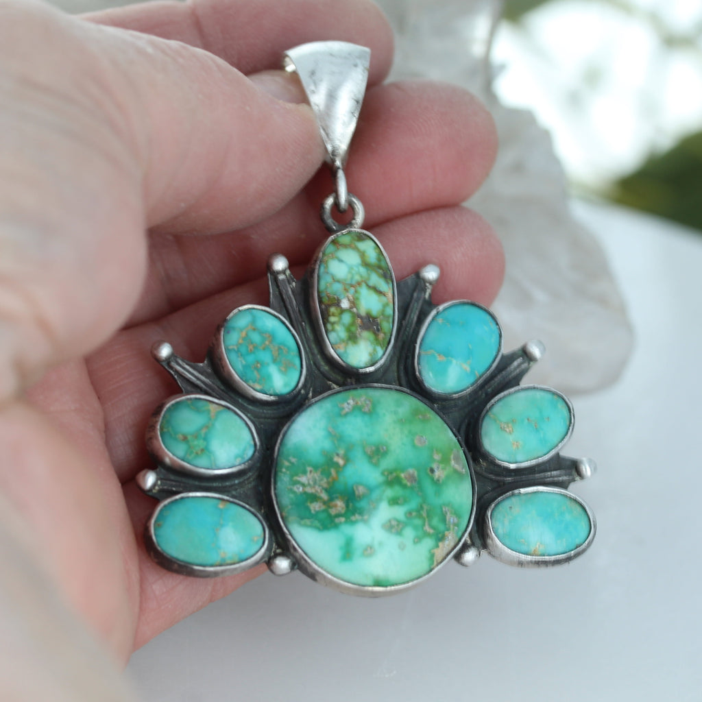 Gorgeous Sonoran Gold Turquoise Rising Sun Pendant Sterling