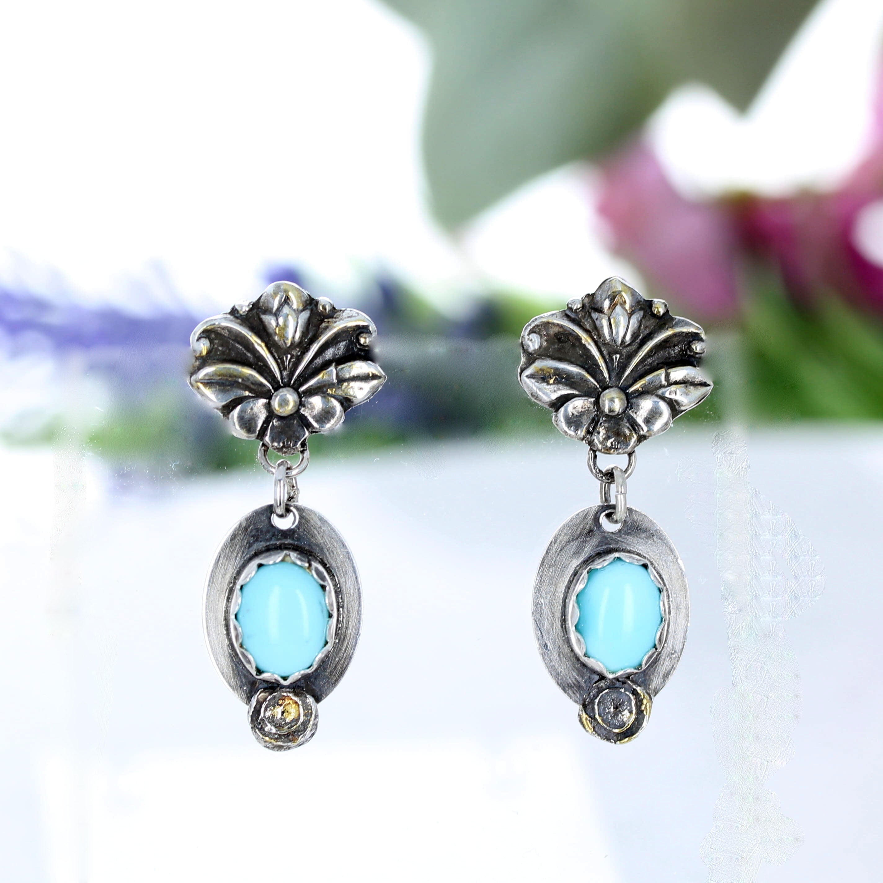 Lone Mountain Turquoise Sterling and Gilded 18K Gold Earrings Florals v