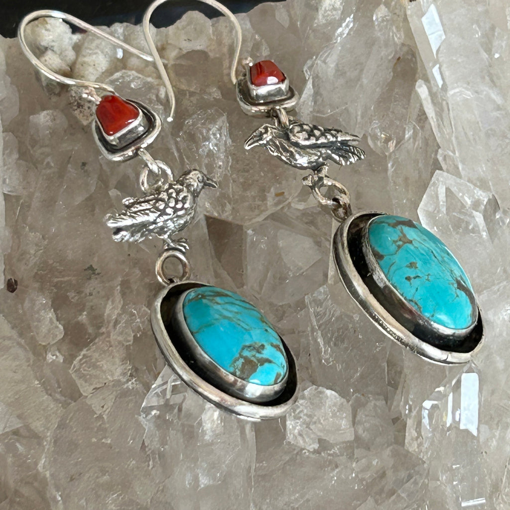 Blue Royston Ribbon Turquoise Raven Earrings Southwestern Sterling Silver 3"