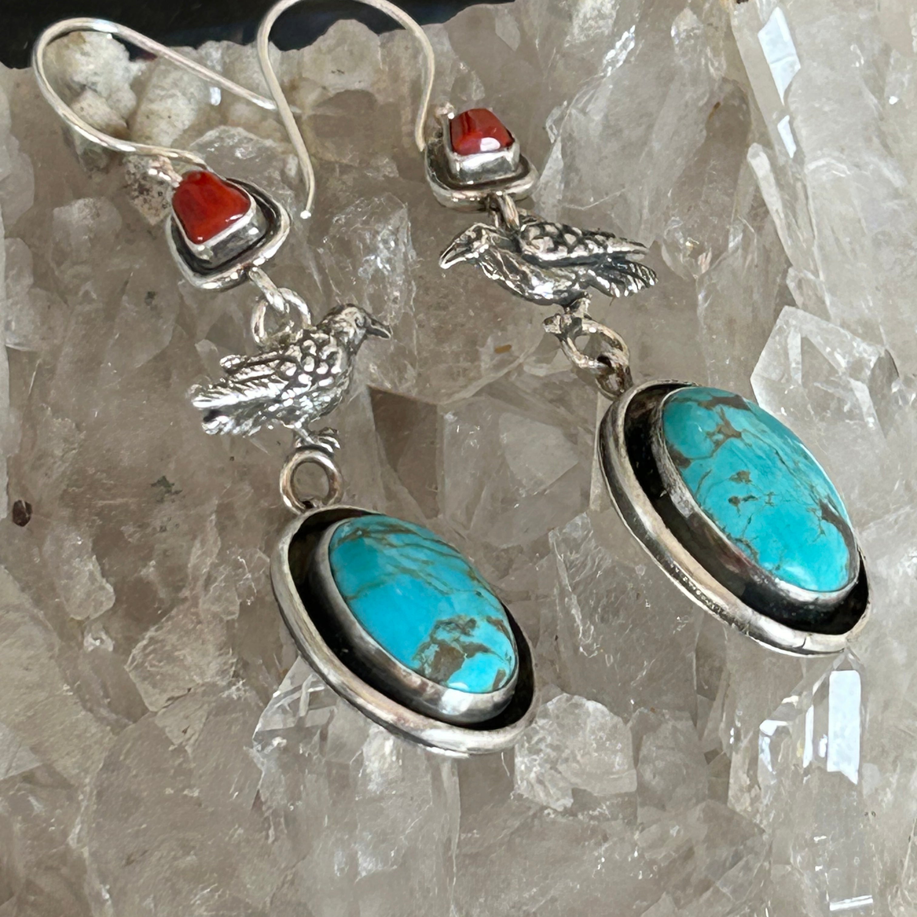 Blue Royston Ribbon Turquoise Raven Earrings Southwestern Sterling Silver 3"