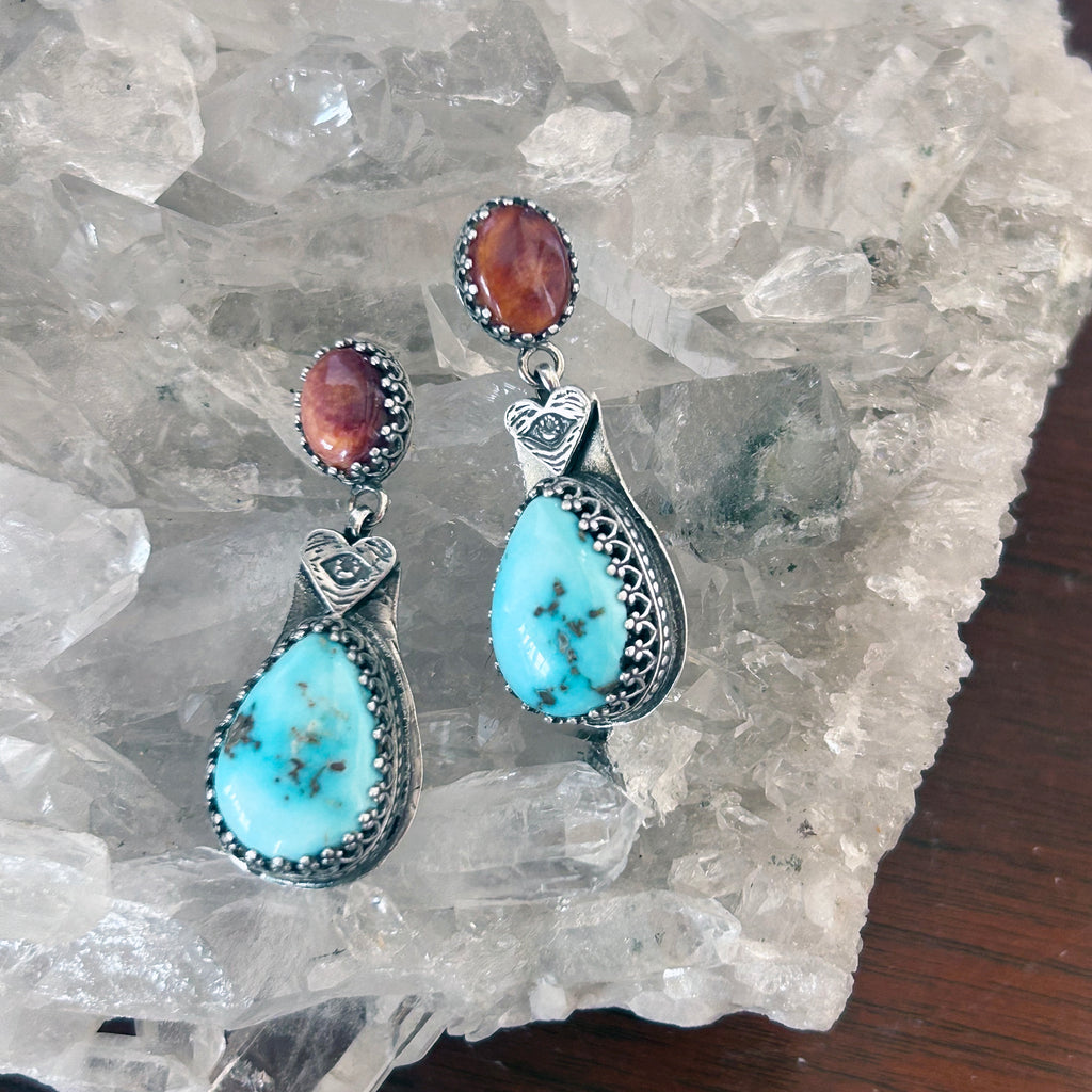 AAA DRY CREEK Turquoise and Spiny Oyster Earrings Sterling Boho Southwest