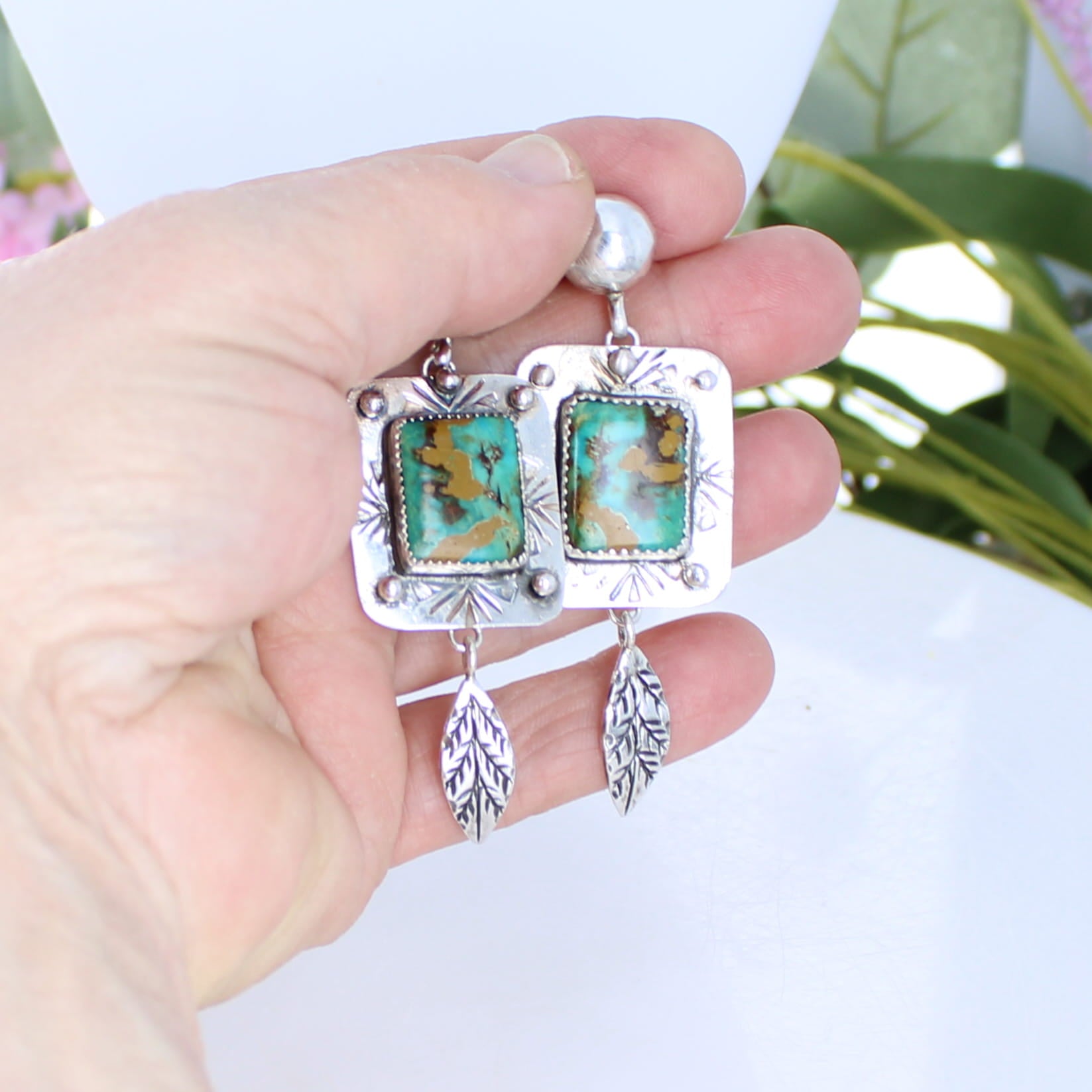 Geometric Patterned Emerald Green Royston Turquoise Earrings Southwest 2.7"