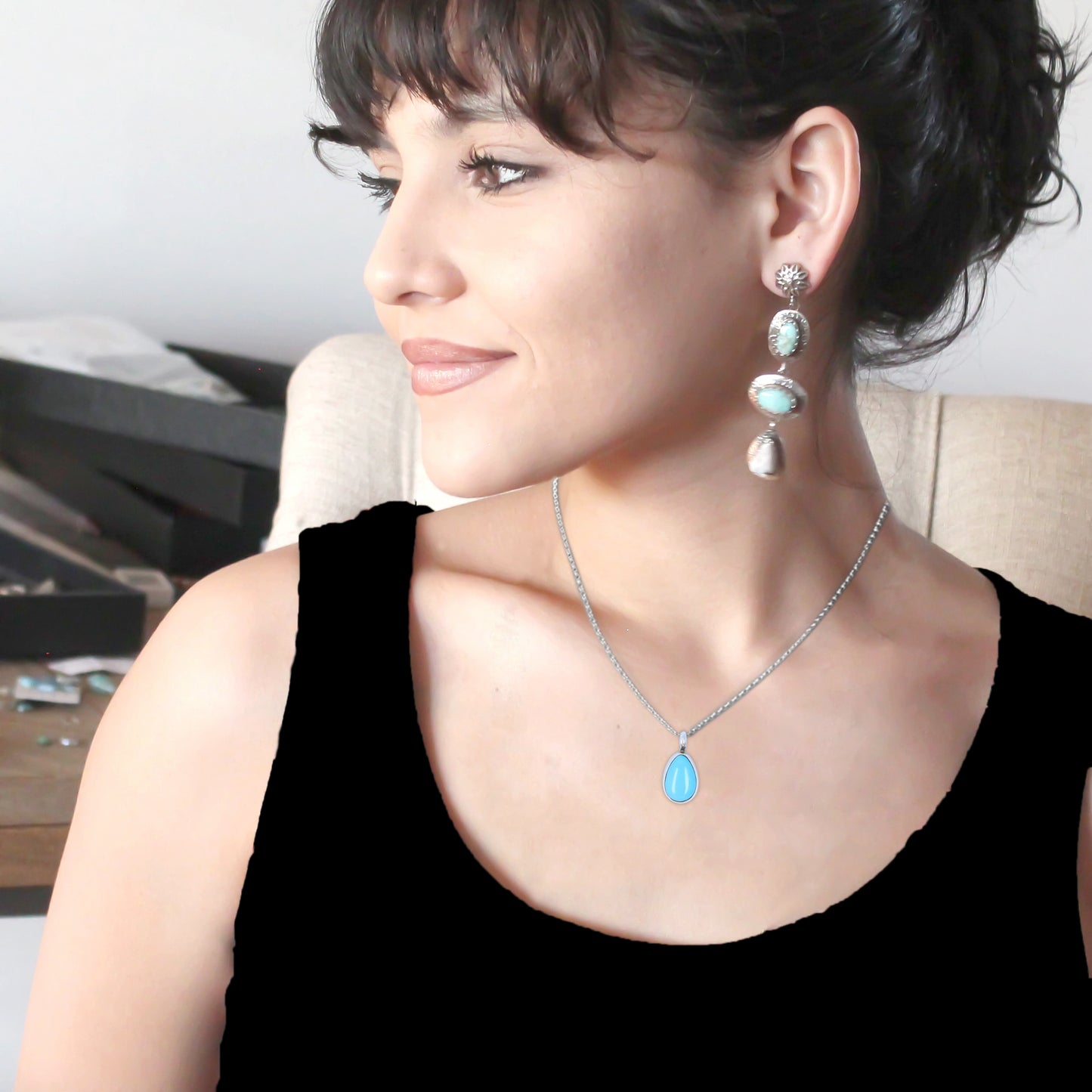 Teardrop Shaped Sleeping Beauty Turquoise Pendant Sterling Necklace