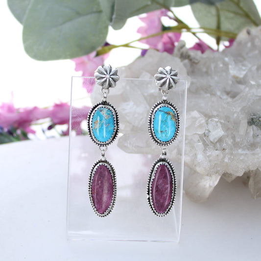 Dramatic Kingman Turquoise Purple Spiny Oyster Earrings Sunburst