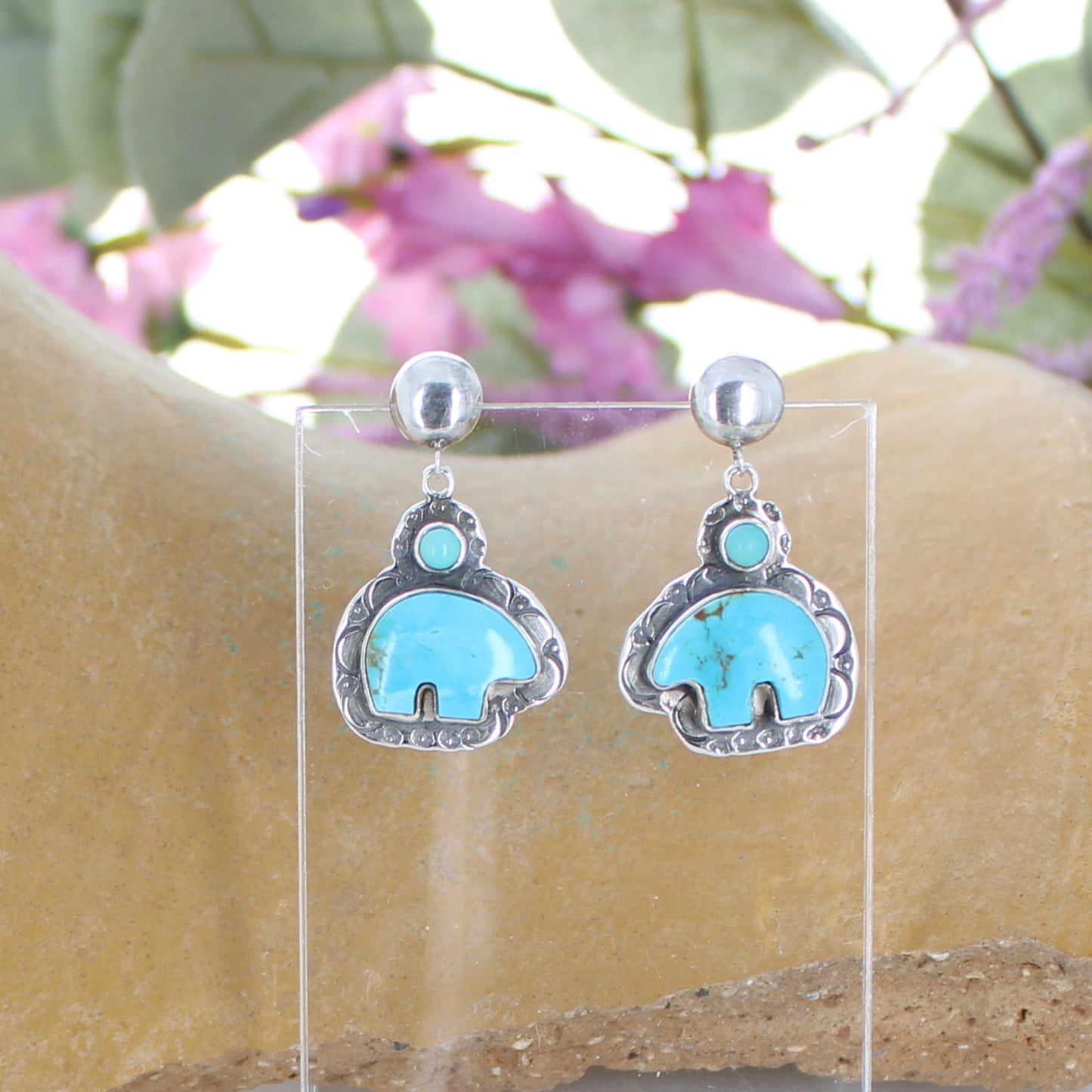 Carved Zuni Bear Kingman Turquoise Earrings Sterling Southwest