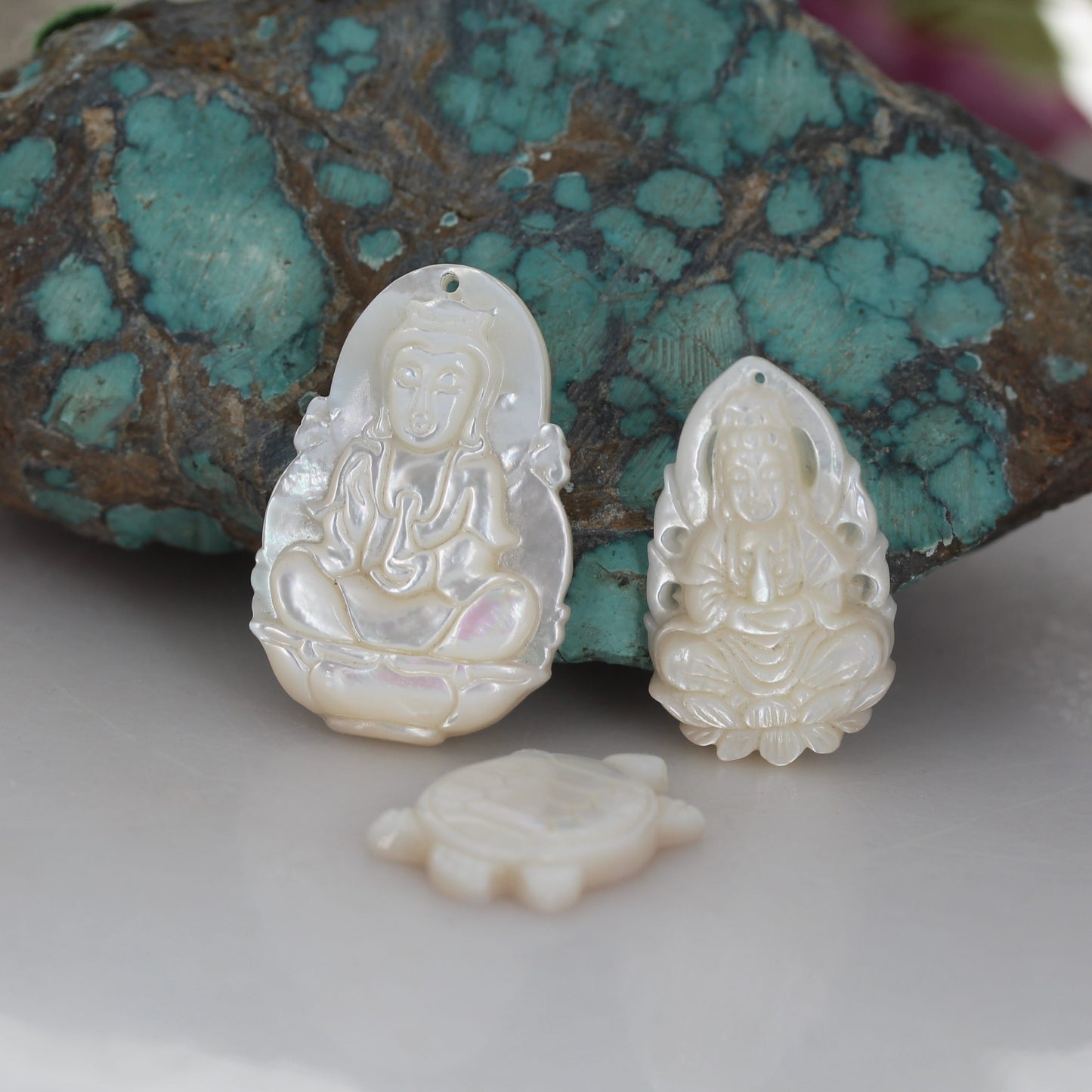 MOTHER OF PEARL Pendants Carved Buddha Quan Yin and Turtle