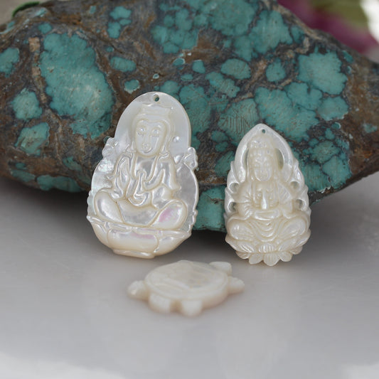 MOTHER OF PEARL Pendants Carved Buddha Quan Yin and Turtle