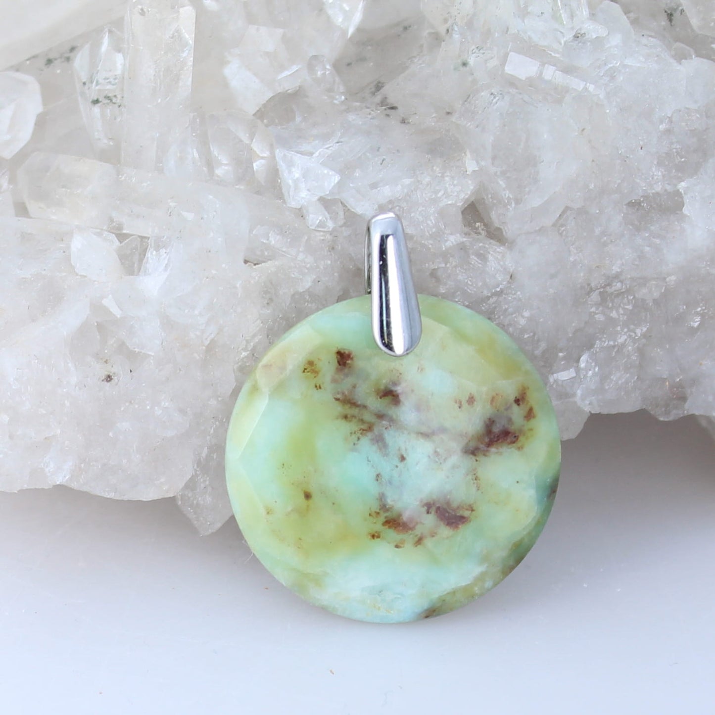 Moon Green PERUVIAN OPAL Faceted Round Pendant Sterling