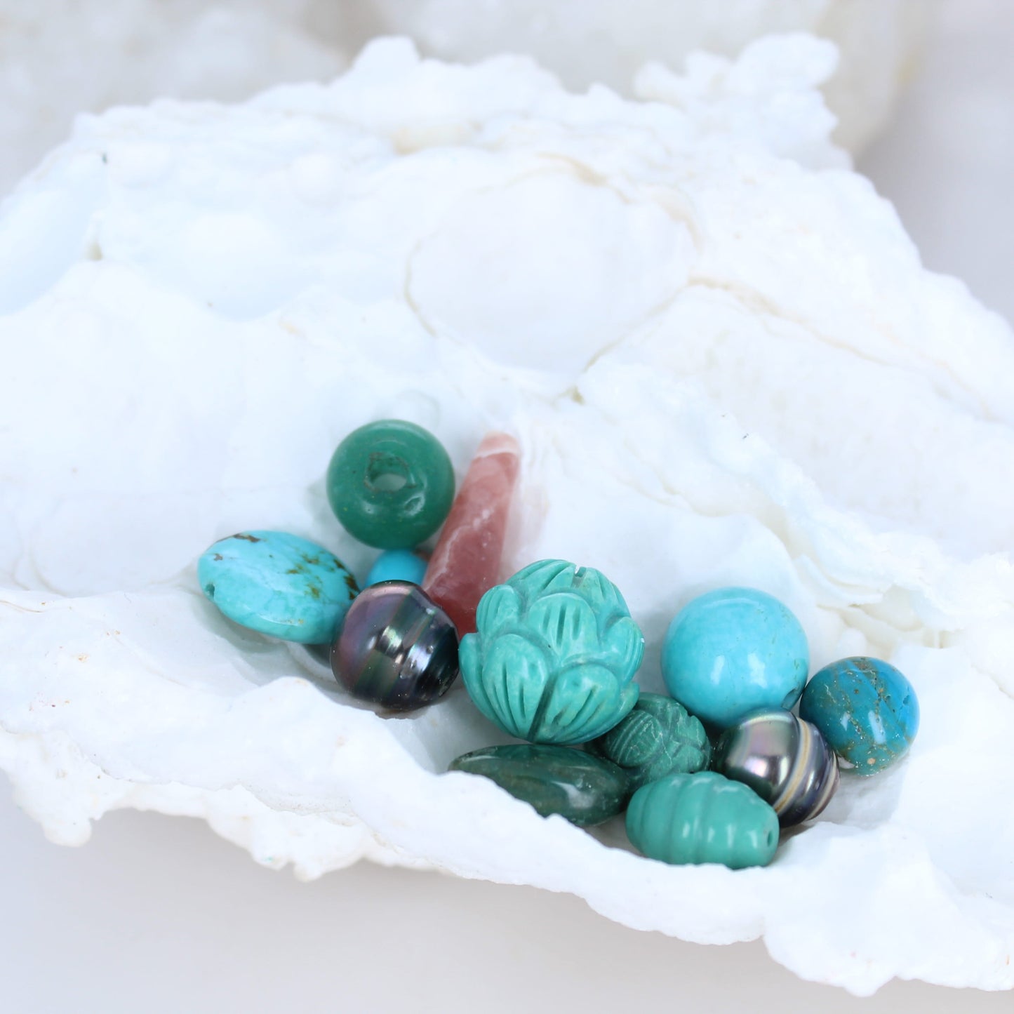 Assorted Carved Beads Set Tahitian Pearl Turquoise Lotus Rhodochrosite -NewWorldGems