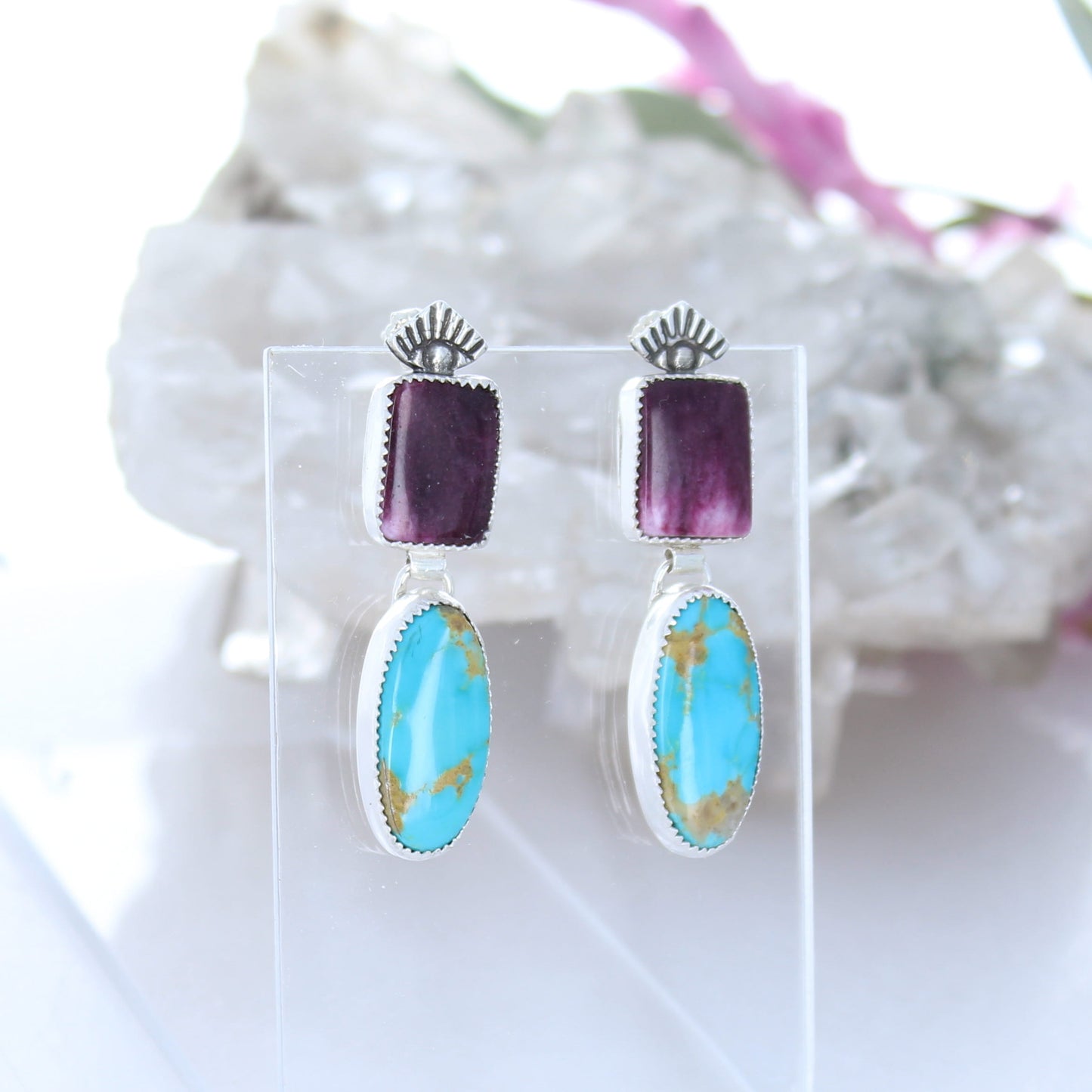 Dramatic Kingman Turquoise Purple Spiny Oyster Earrings Protective Eye
