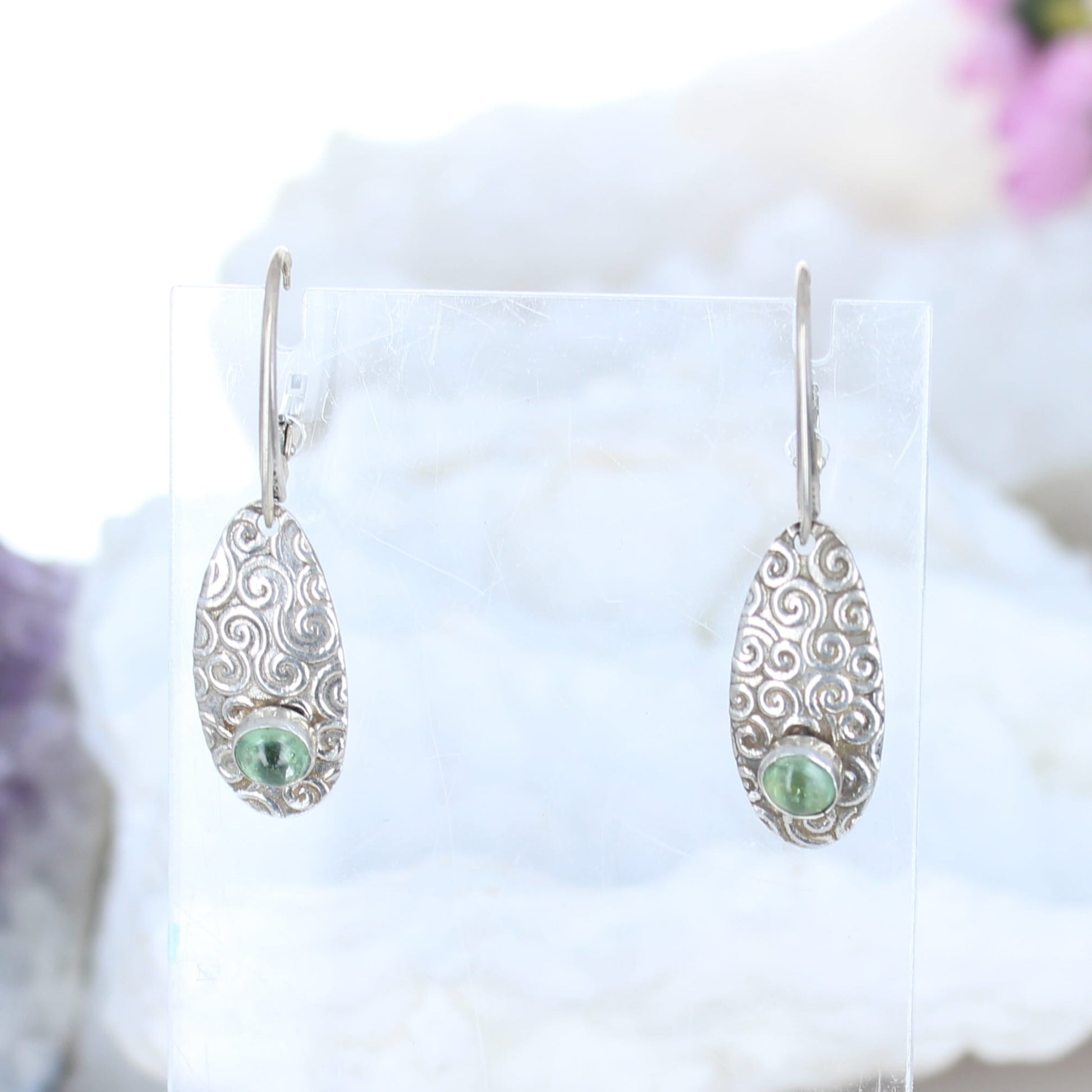 Green Kyanite Gemstone Earrings Sterling Spiral Design -NewWorldGems