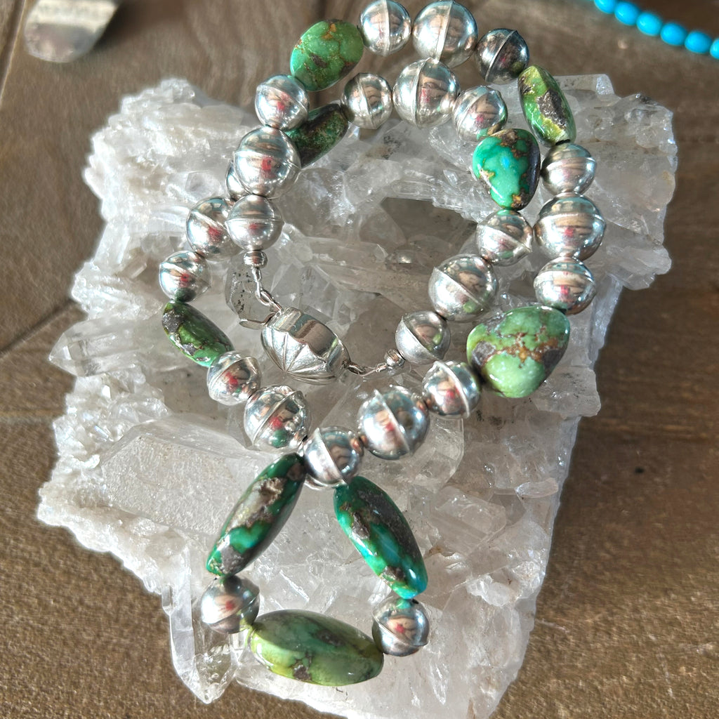 Vibrant Green and Blue Sonoran Gold Turquoise Necklace Navajo Benchmade Sterling Beads