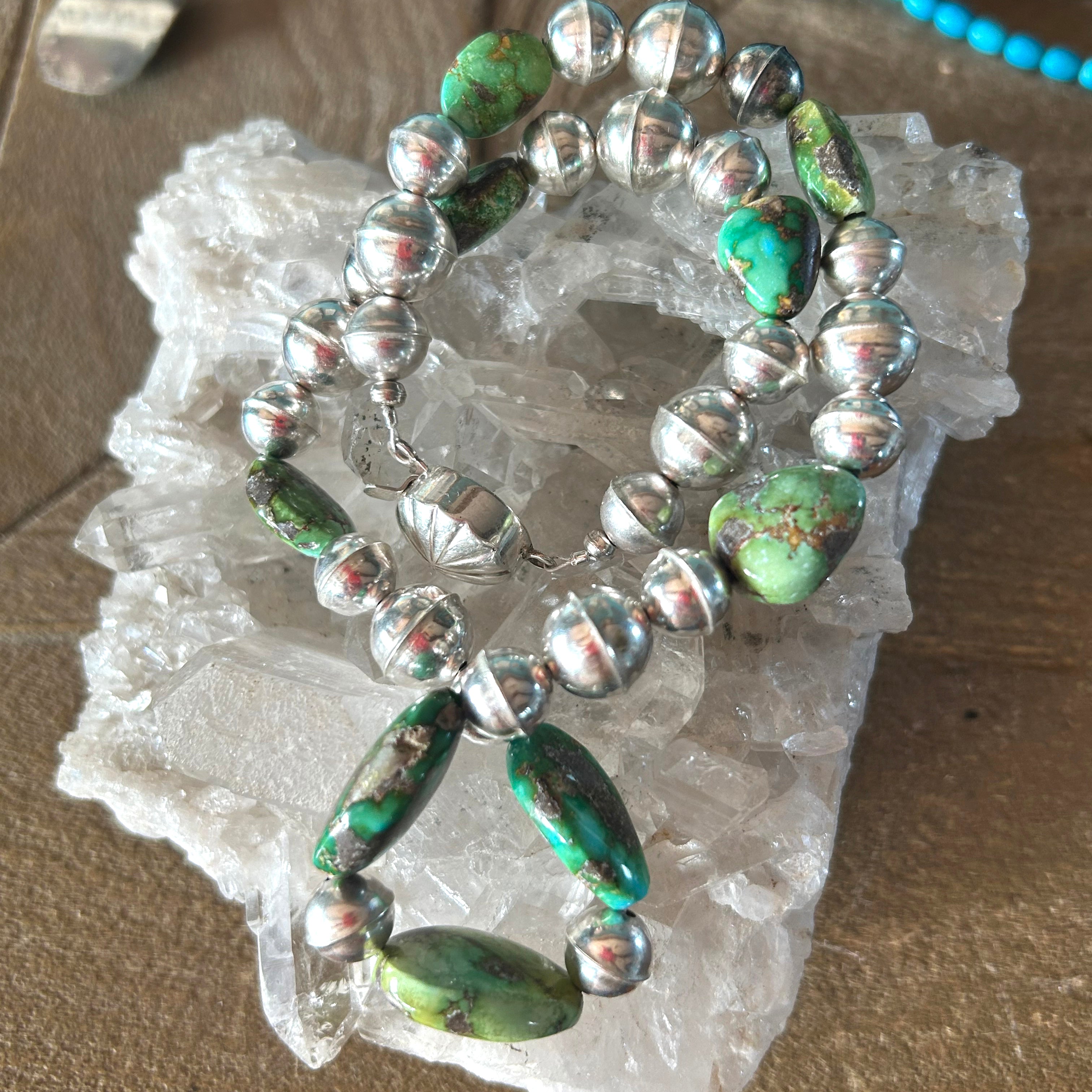 Vibrant Green and Blue Sonoran Gold Turquoise Necklace Navajo Benchmade Sterling Beads