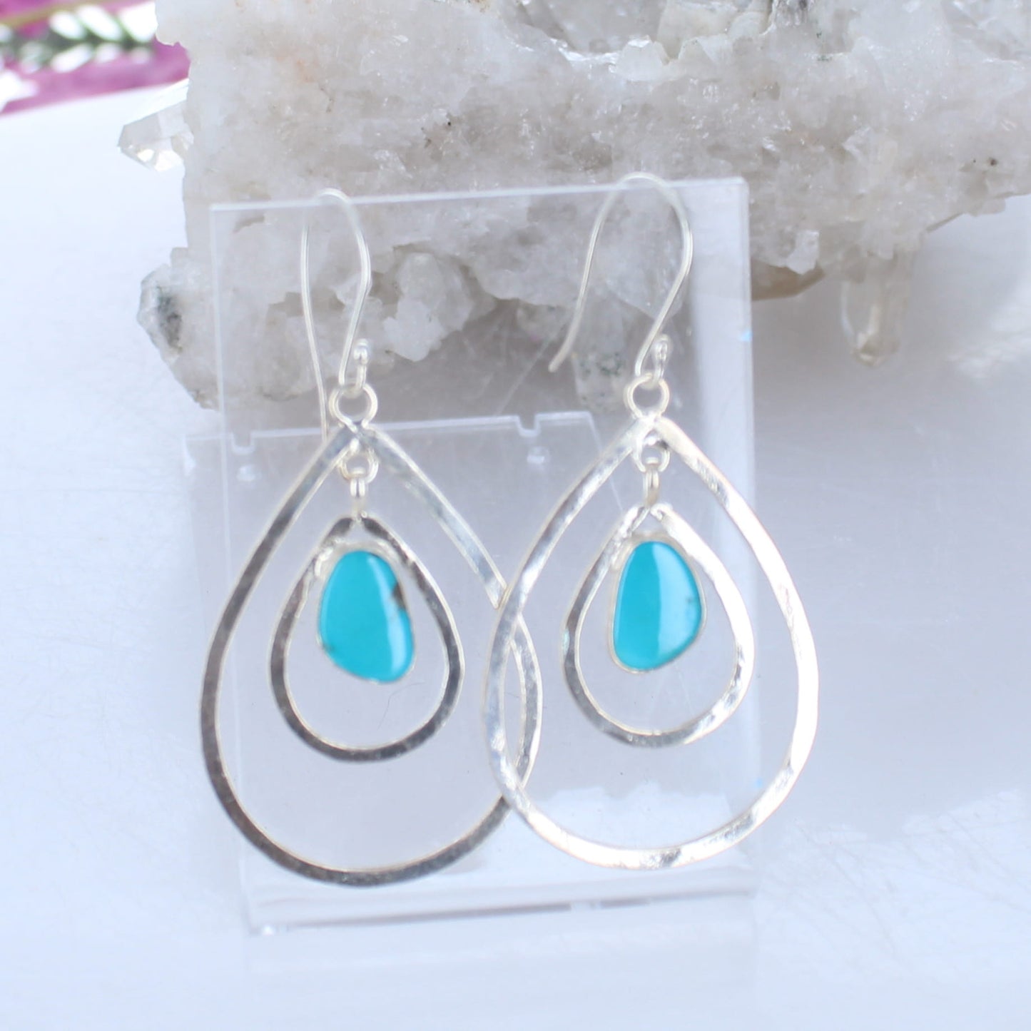 Bright Blue Sonoran Turquoise Earrings Double Hoops Sterling Silver