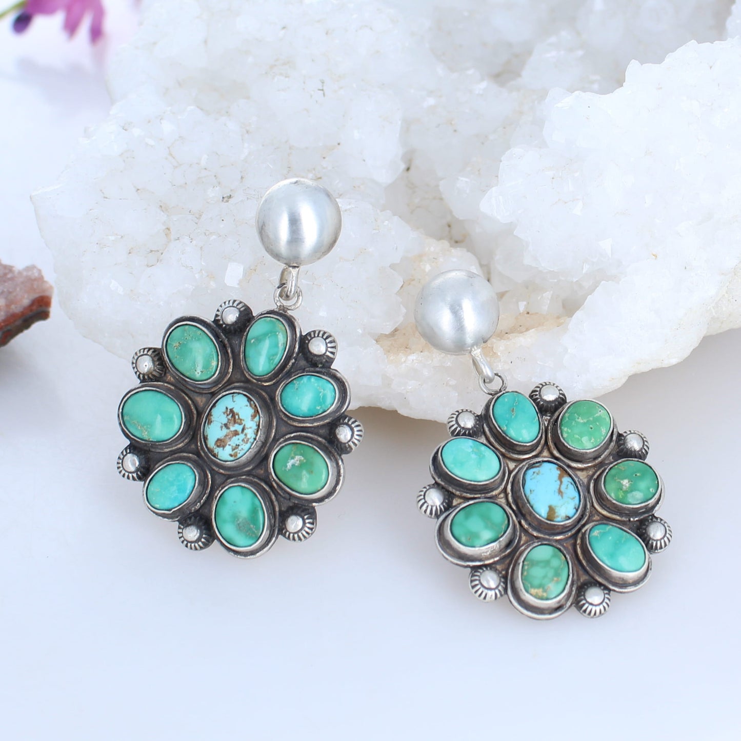 Emerald Valley Turquoise Flower Earrings Sterling Southwest 8 Stones -NewWorldGems