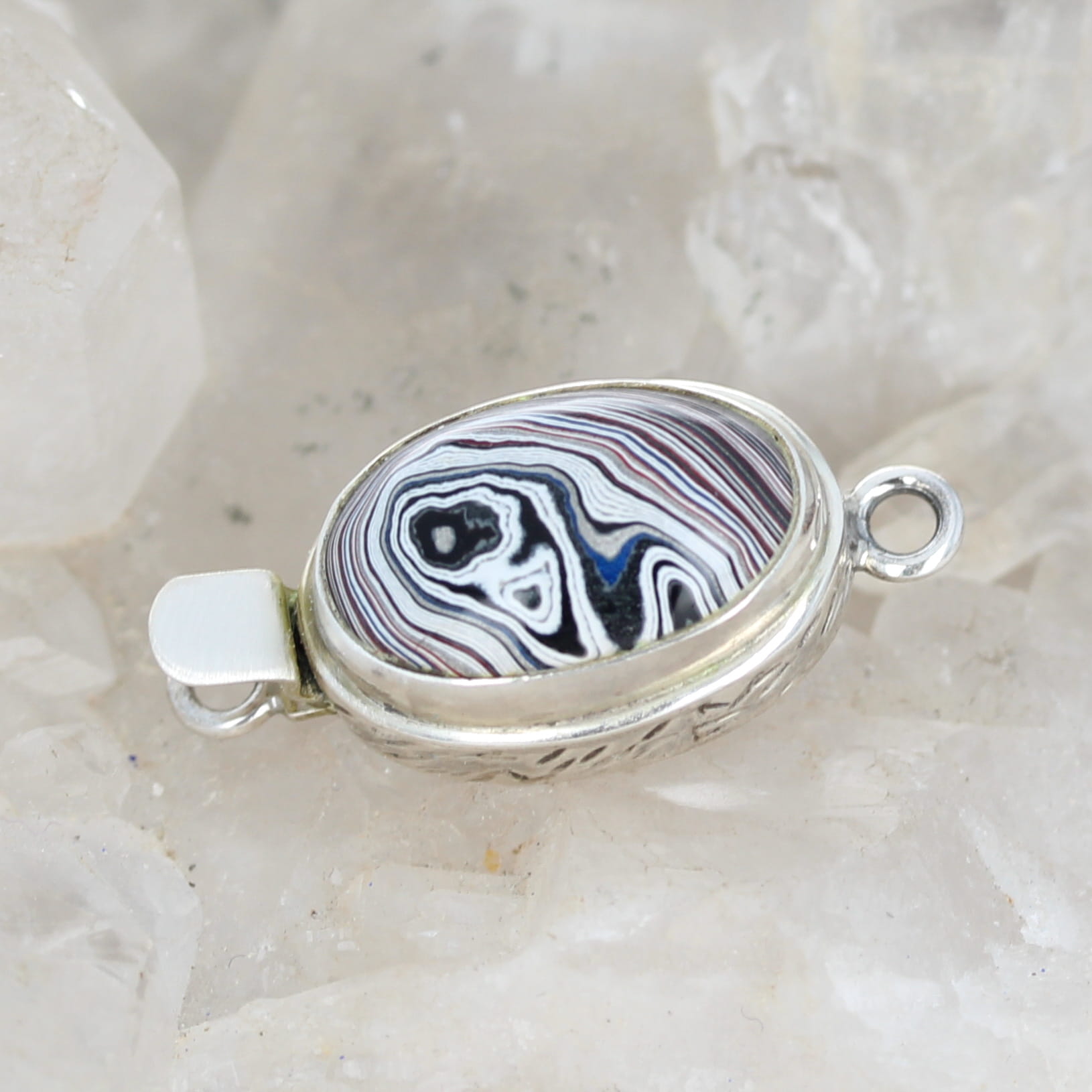 Fordite Clasp Sterling Silver Red White Black Swirls