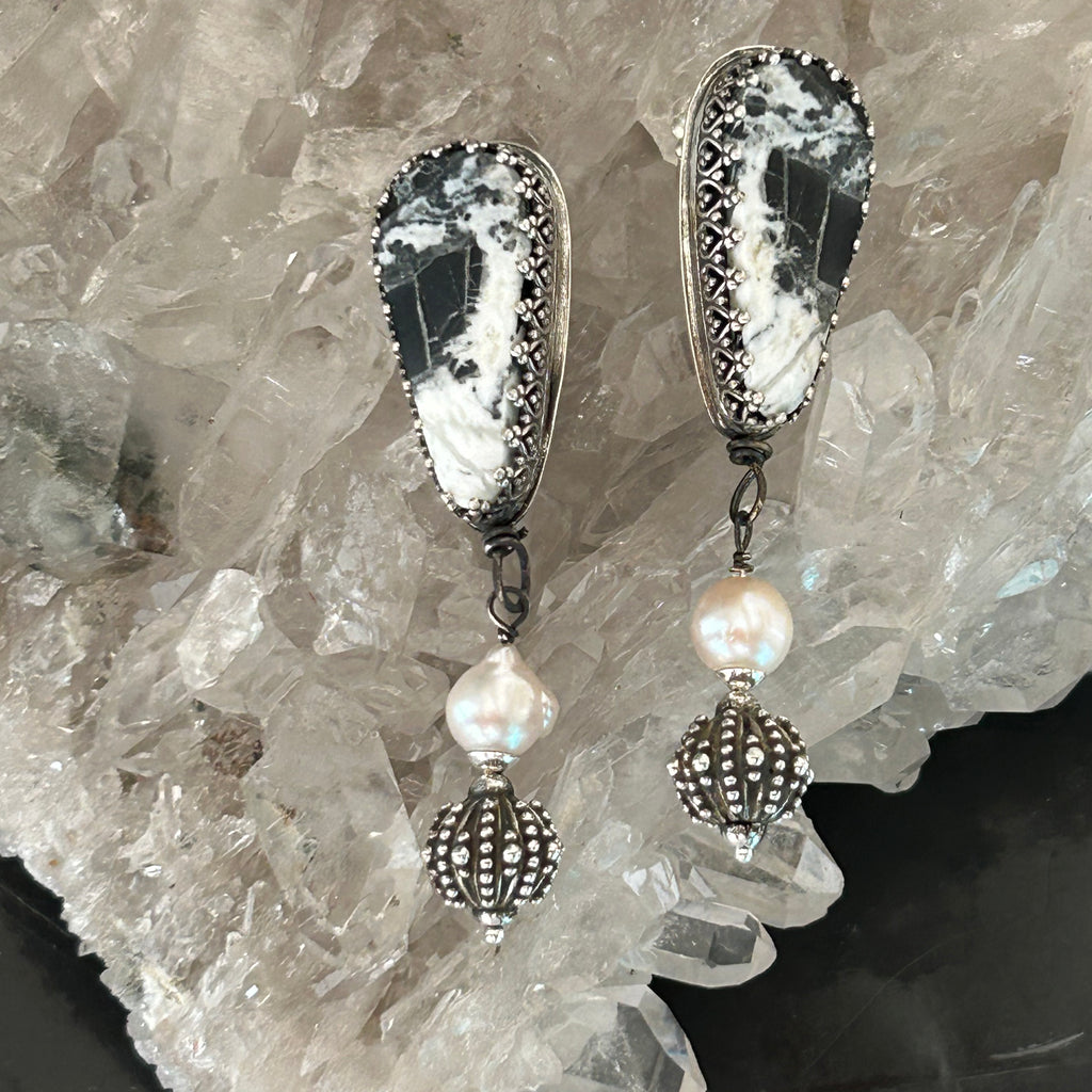 AAA WHITE BUFFALO Turquoise and Pearl Earrings Sterling
